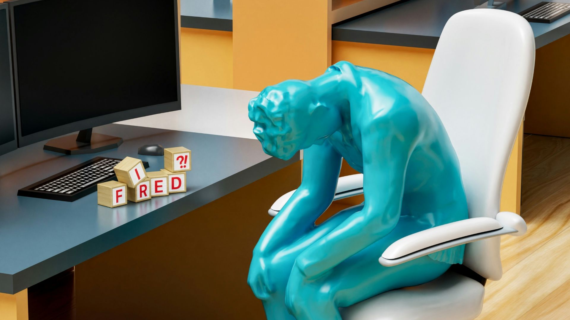 a statue of a person sitting in a chair in front of a computer