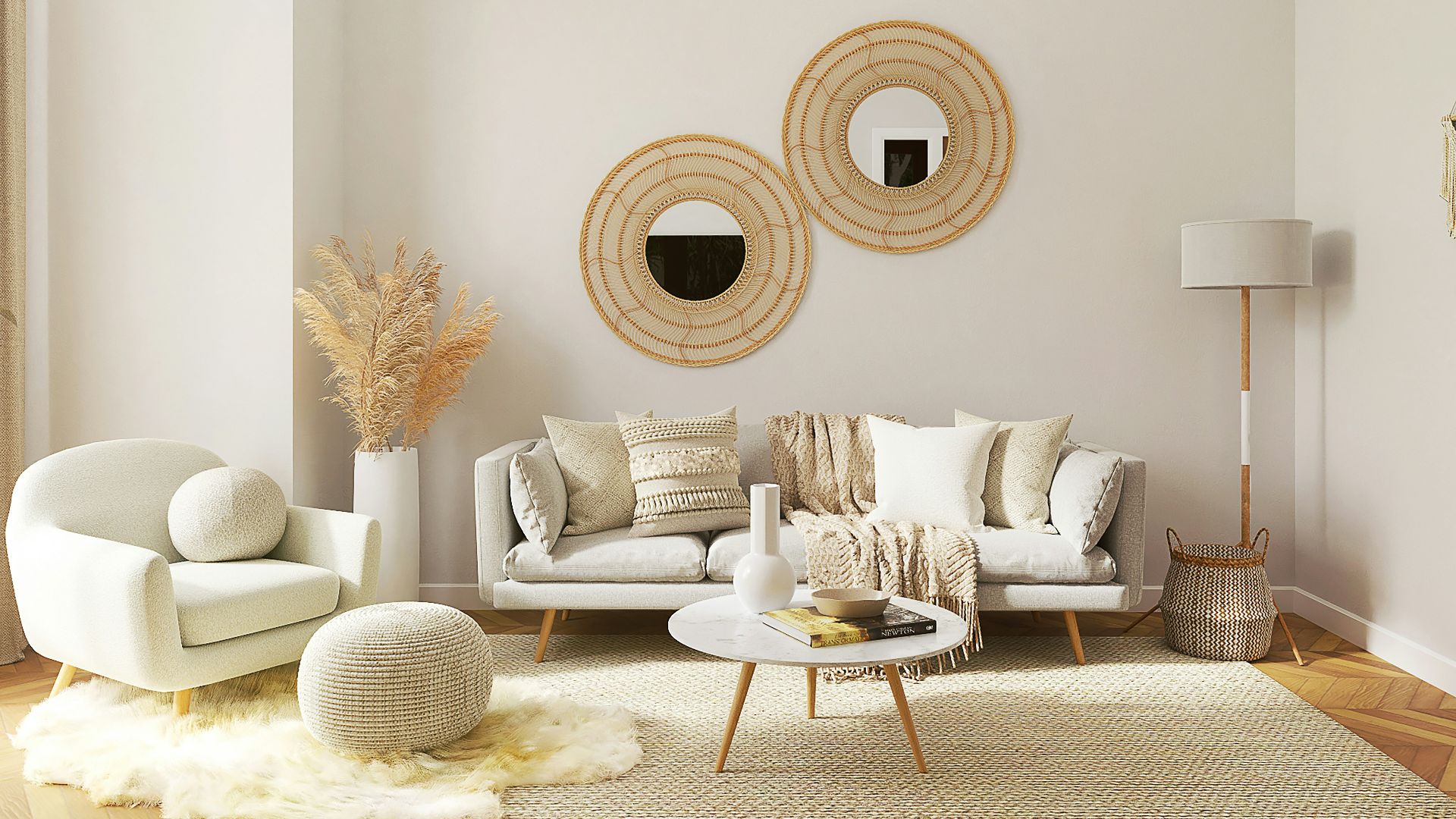 a living room filled with furniture and a mirror