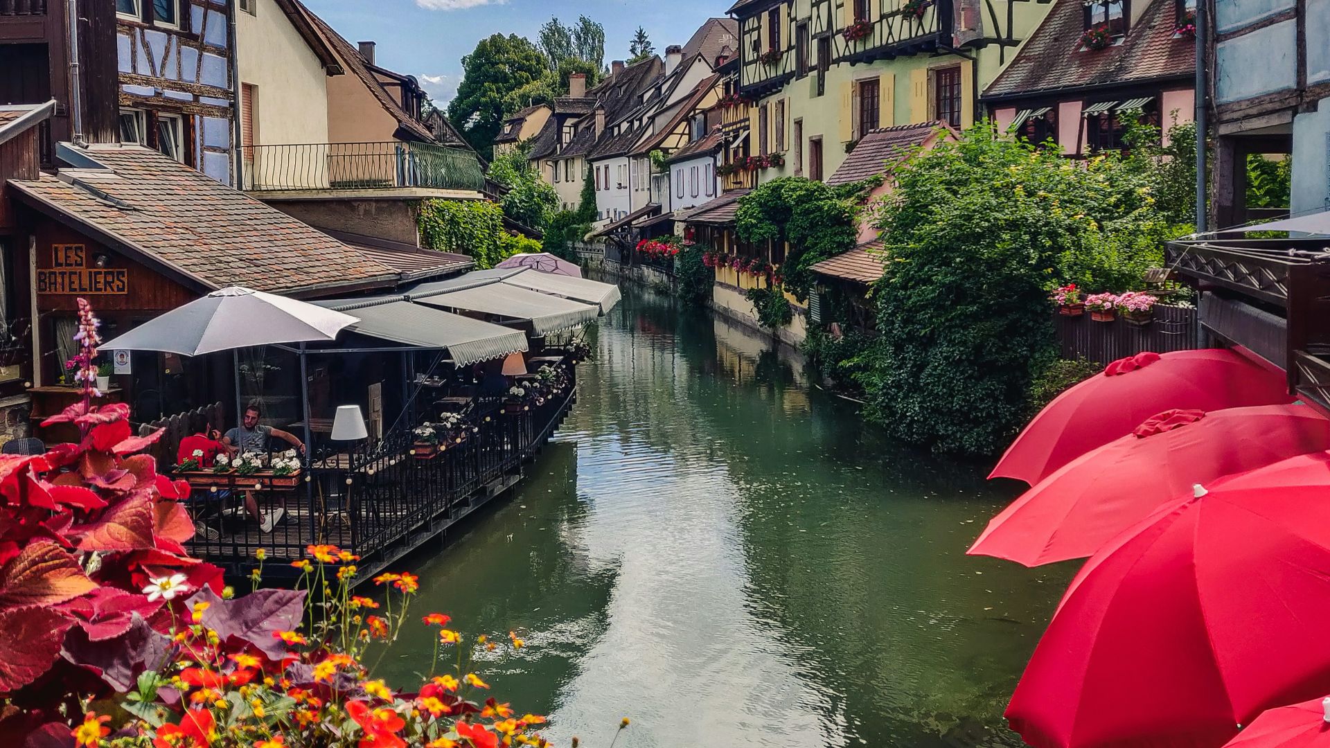 red umbrella on river near houses