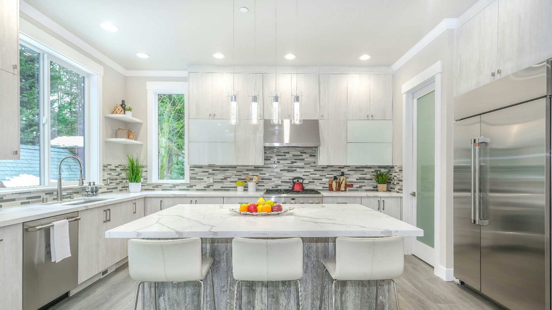 white wooden table with chairs