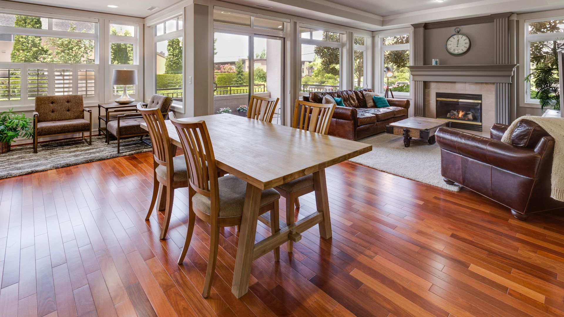 rectangular brown wooden table and chair set
