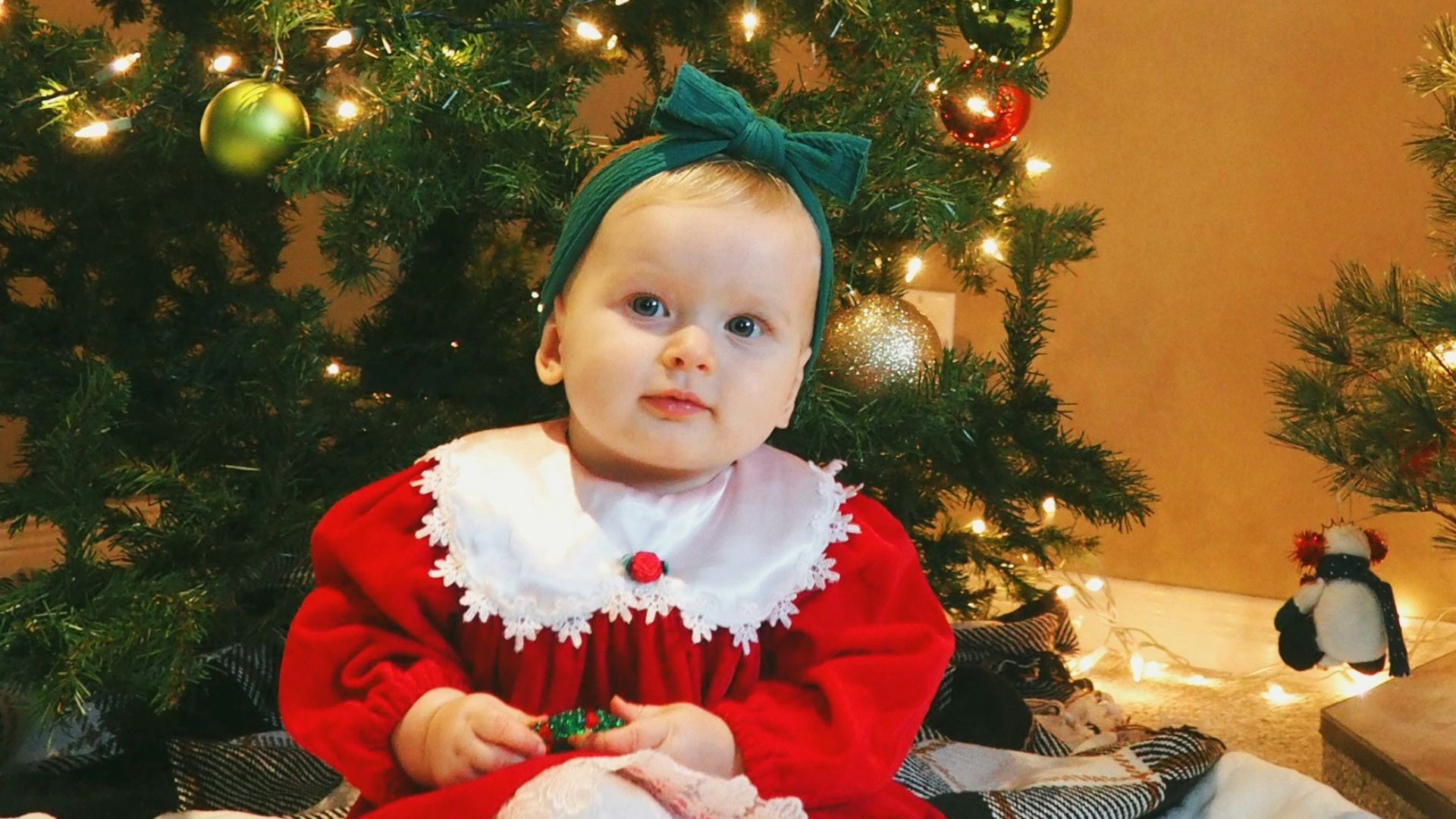 girl in red and white santa costume standing beside green christmas tree