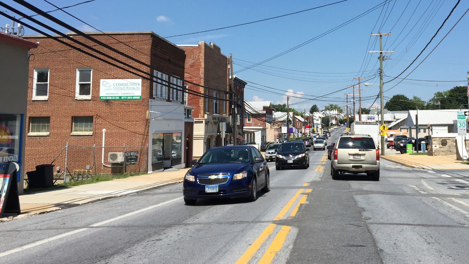 File:2016-08-20 12 31 05 View north along Maryland State Route 30 Business (Main Street) at Maryland State Route 833 (Black Rock Road) in Hampstead, Carroll County, Maryland.jpg