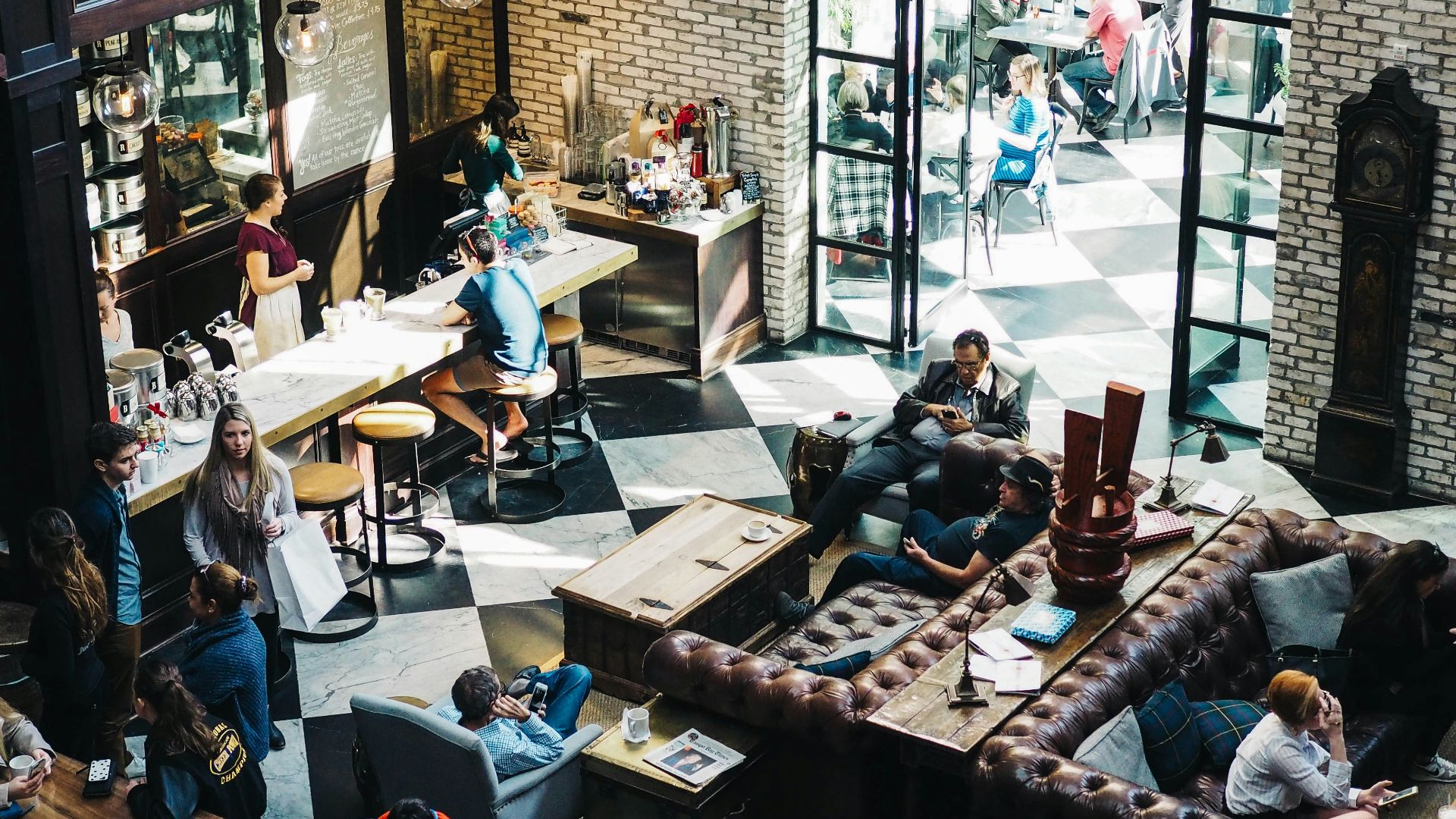 aerial photo of people on bar
