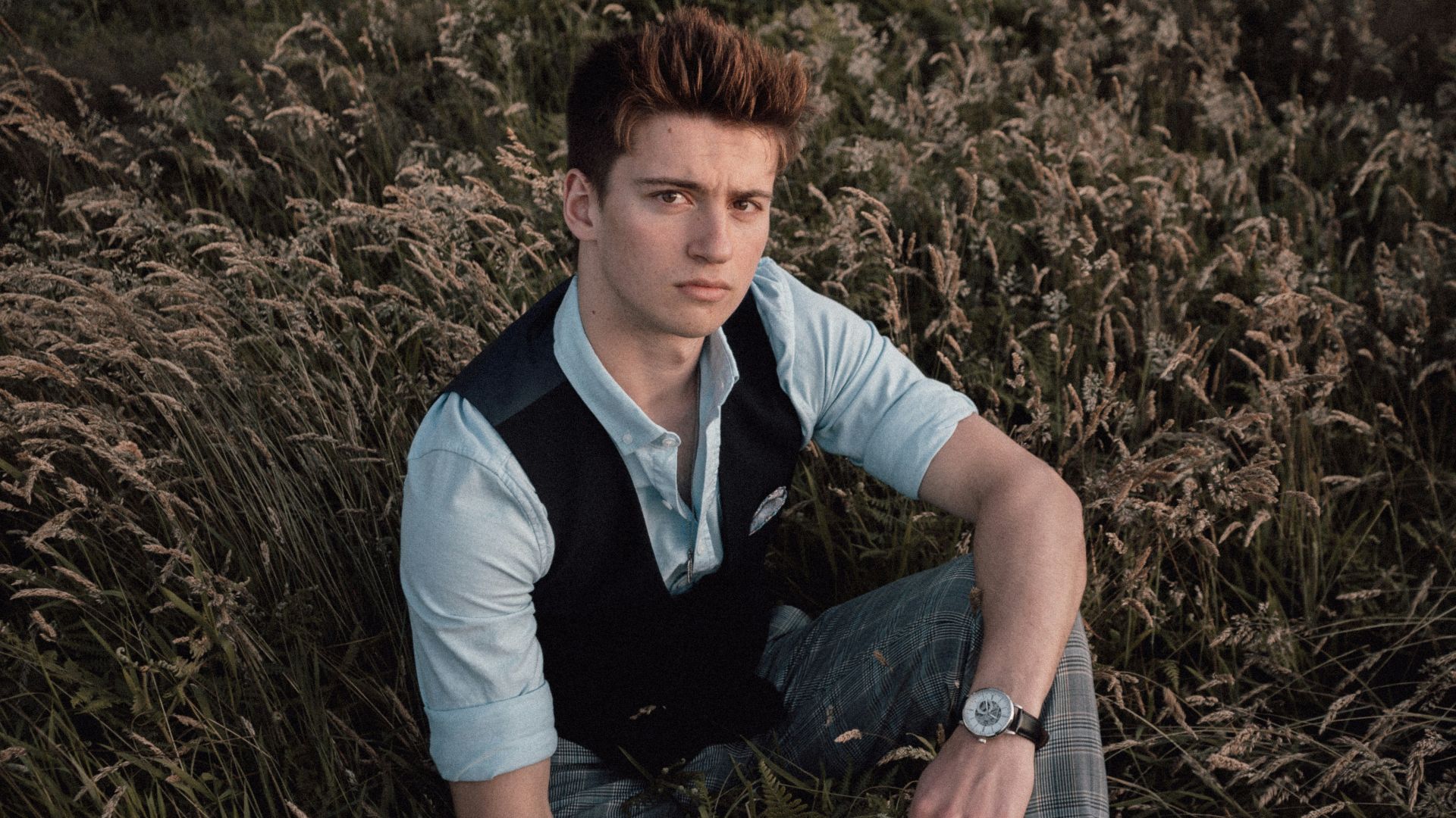 men's gray button-up collared shirt and black veset