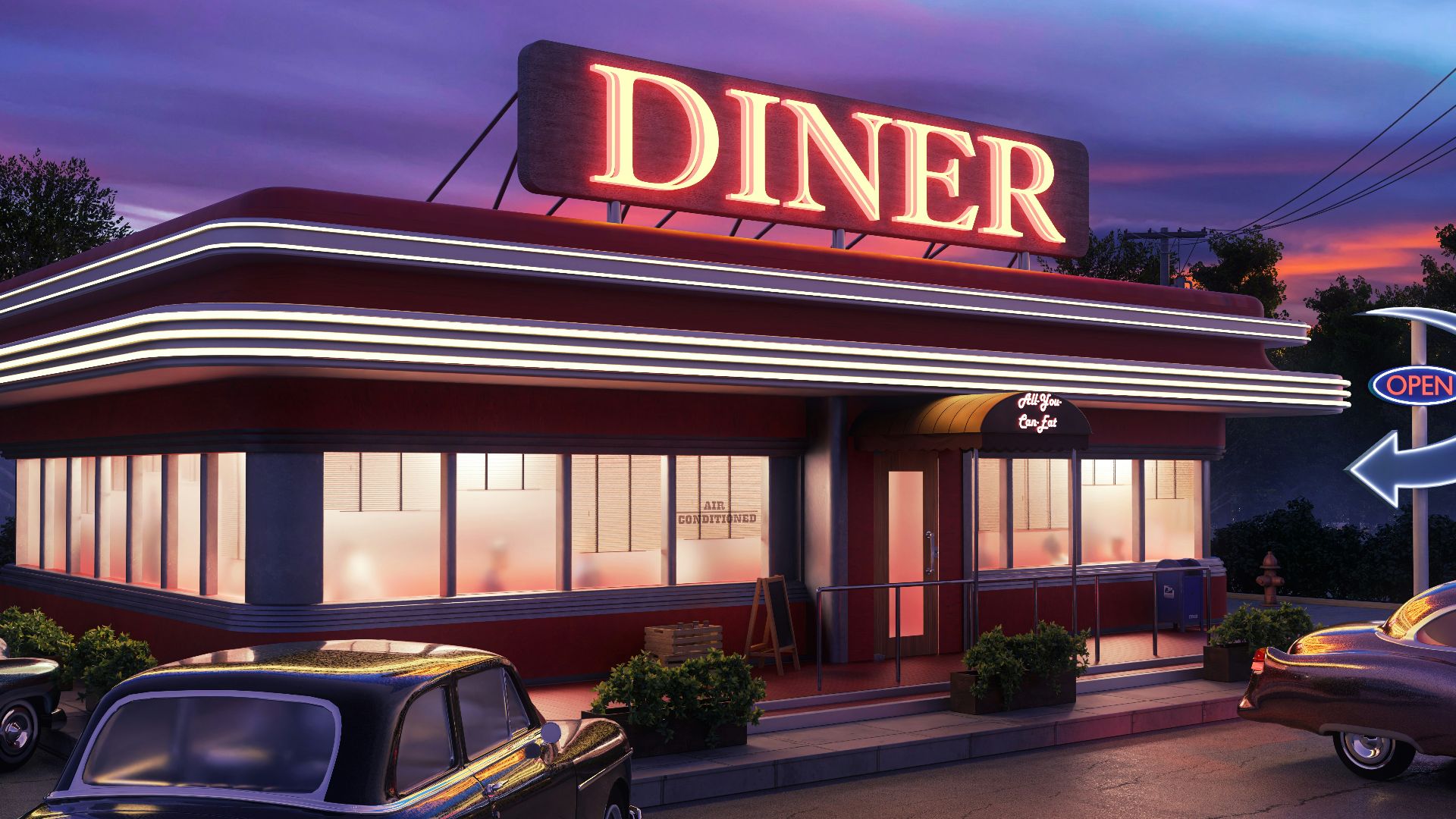 a diner with cars parked in front of it