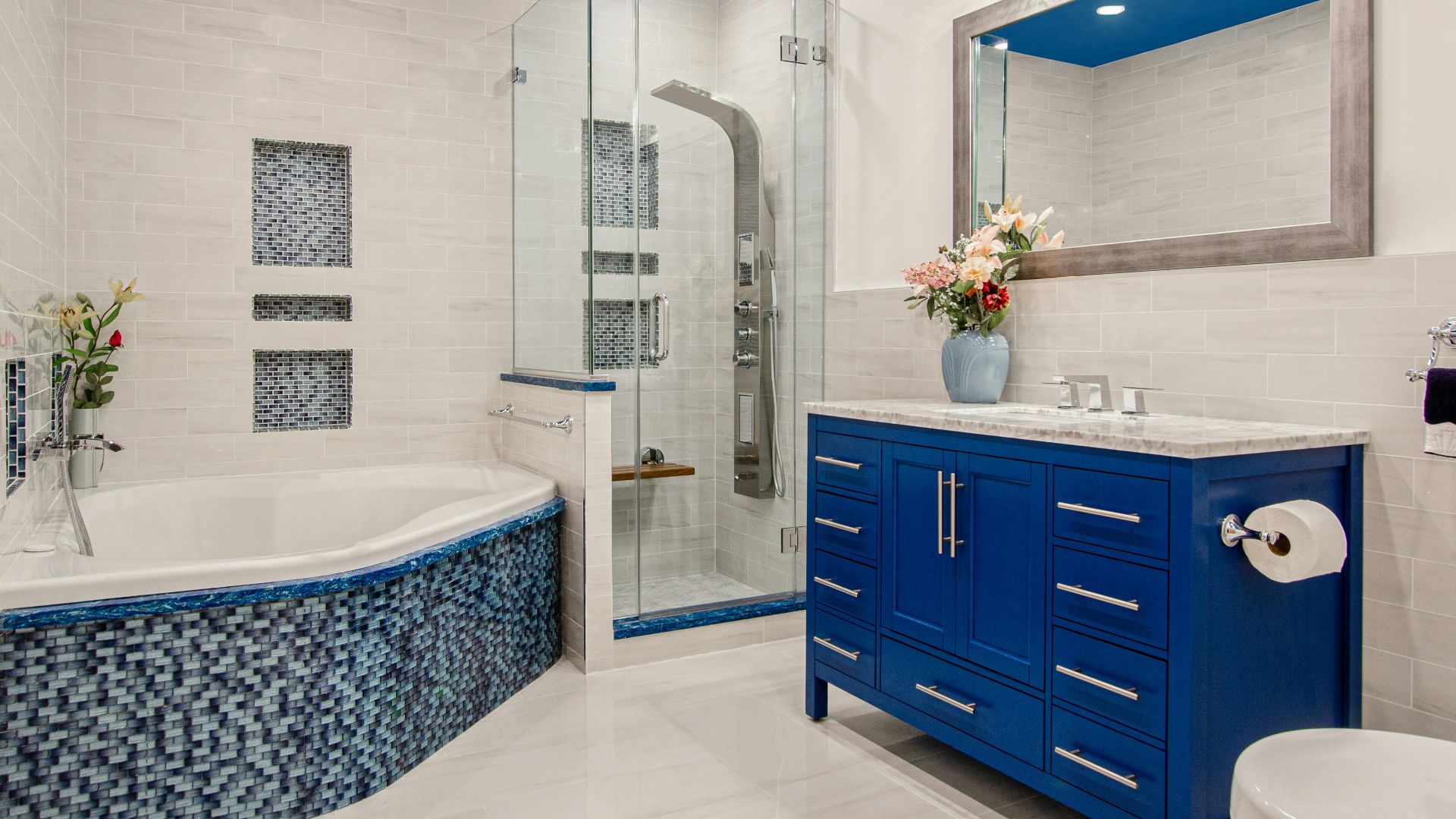 blue wooden cabinet near white wall