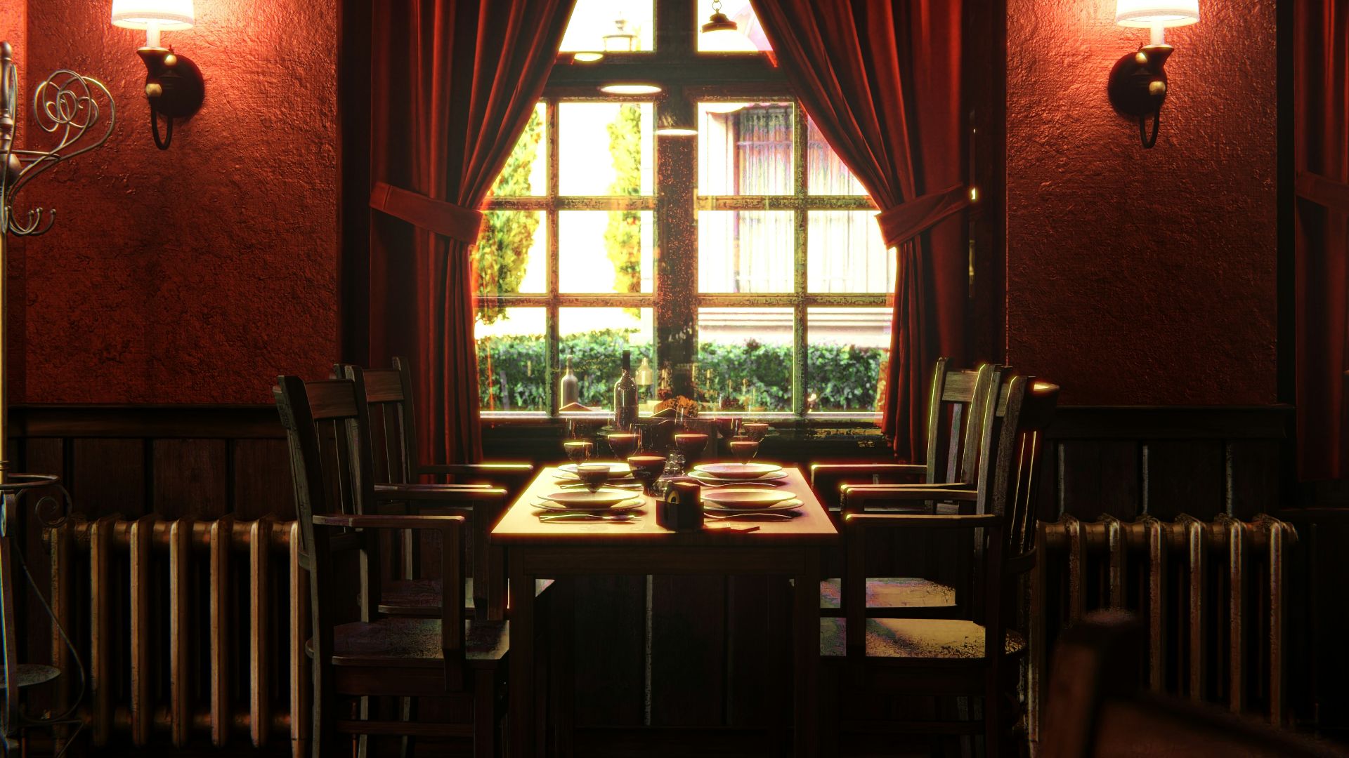 a dimly lit dining room with red walls