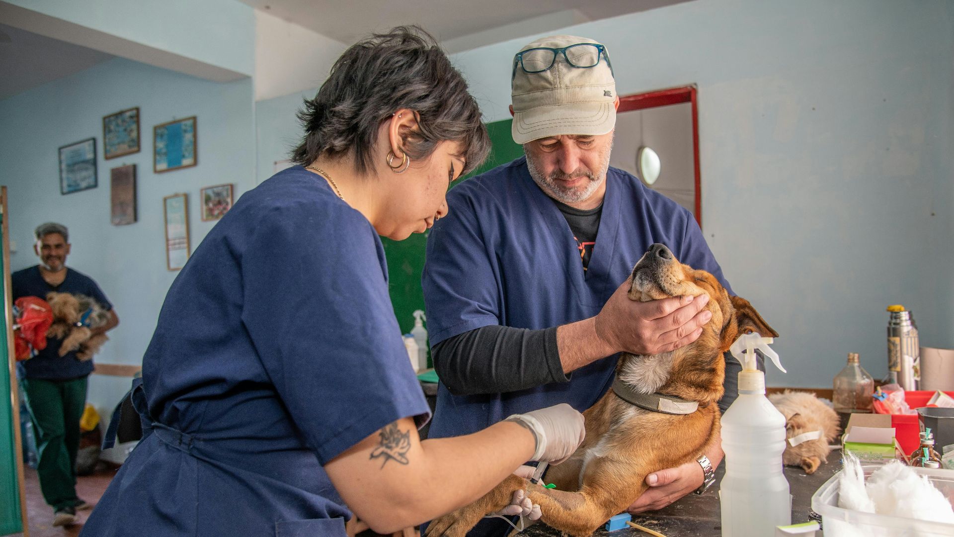 a man and a woman holding a dog in a room