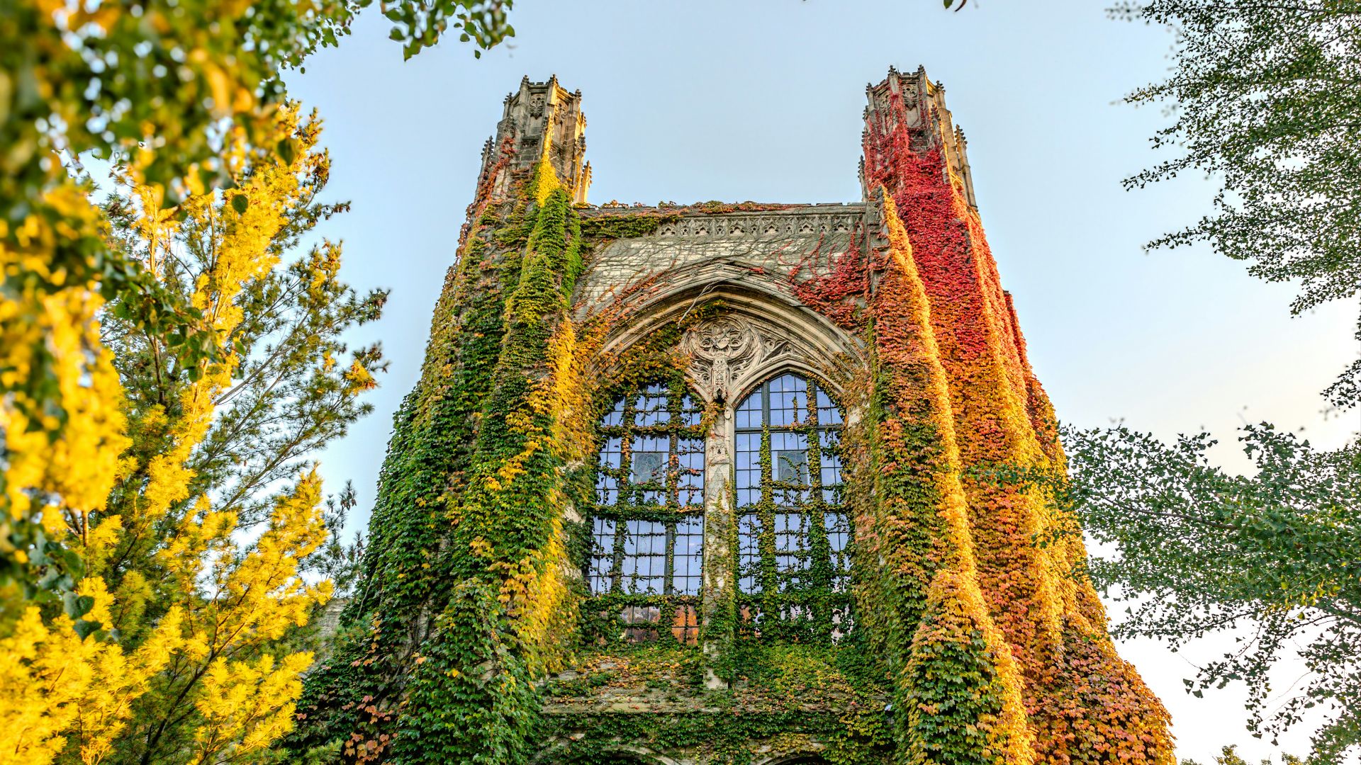 a very tall building covered in lots of green plants