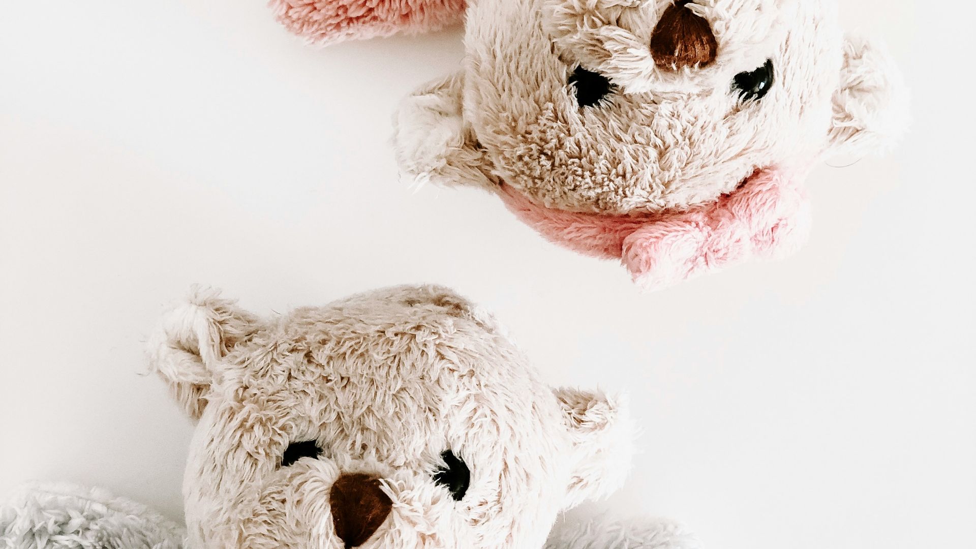 two brown bear plush toys on white surface