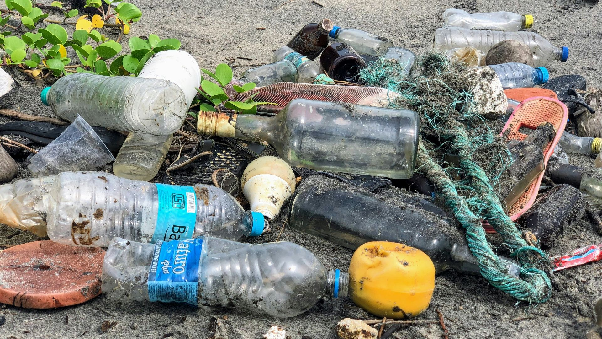 assorted garbage bottles on sandy surface