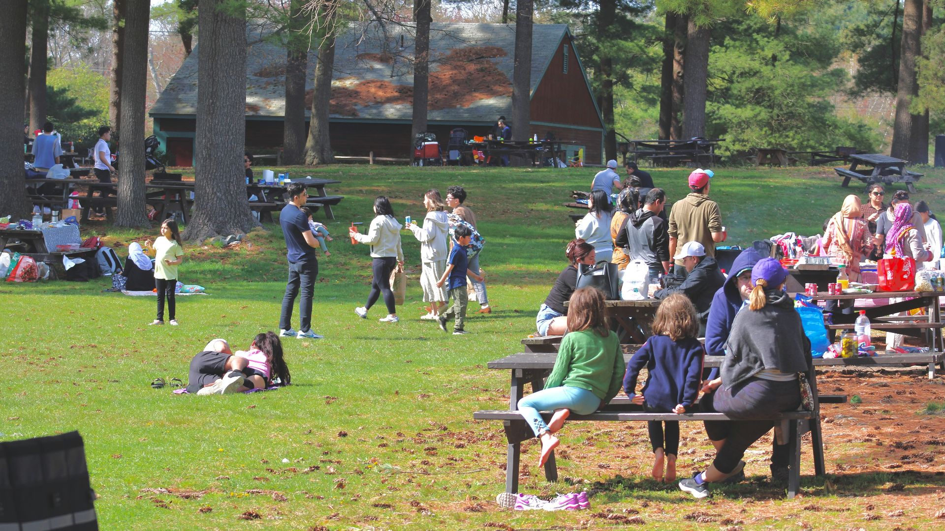 a group of people sitting on top of a park bench