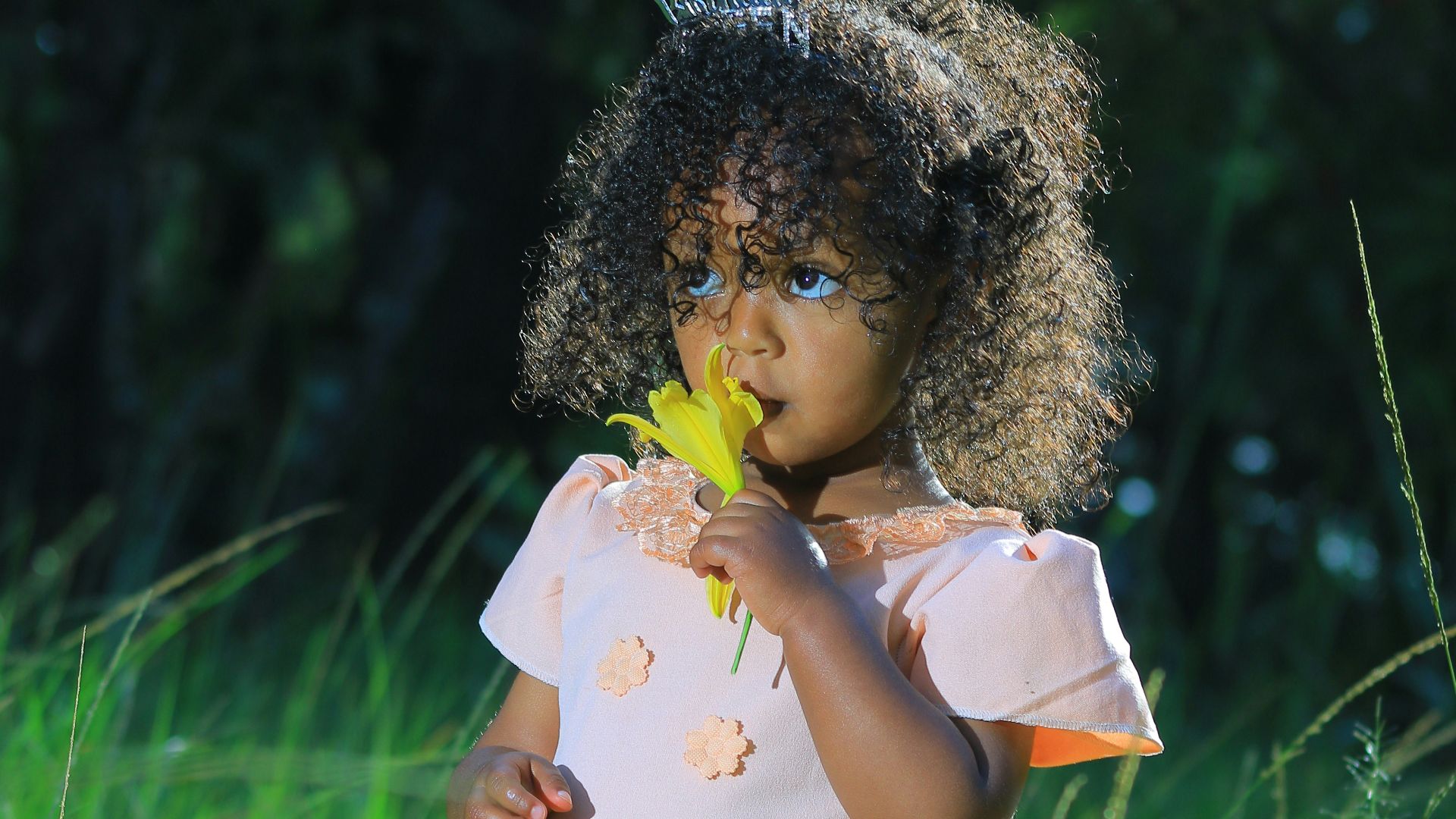 a little girl standing in a grassy field holding a flower