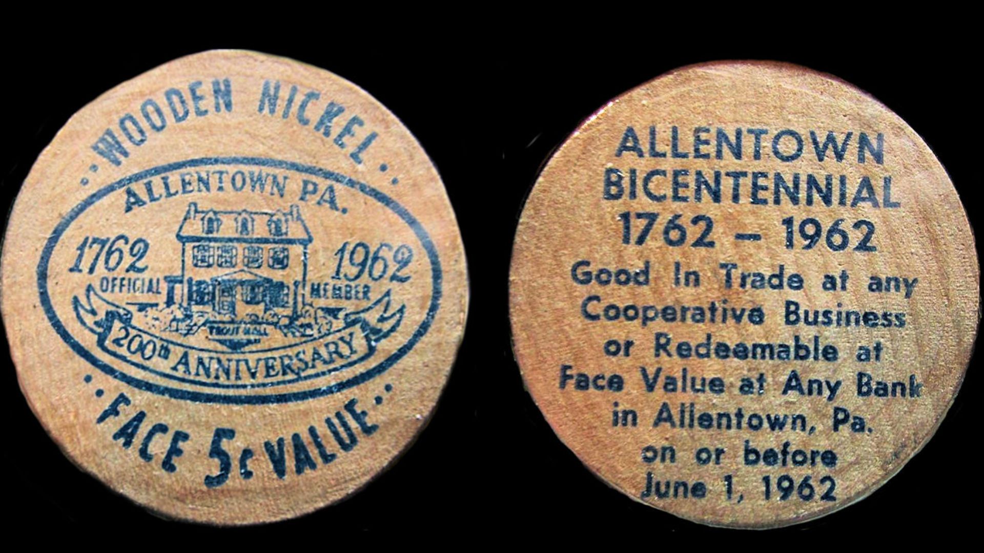 File:1962 - Allentown Bicentennial Wooden Nickle (Blue) - Allentown PA.jpg