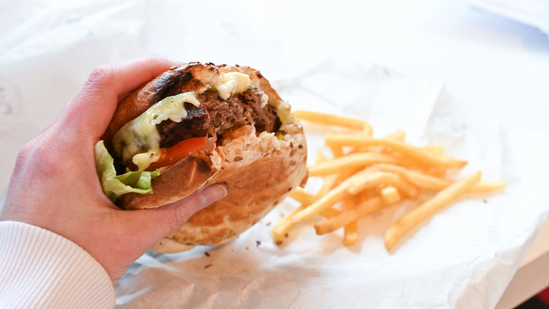 a person holding a sandwich and french fries