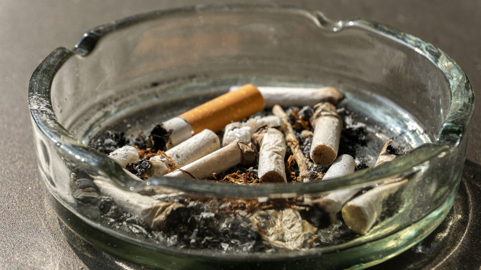 cigarette butts on clear glass ashtray