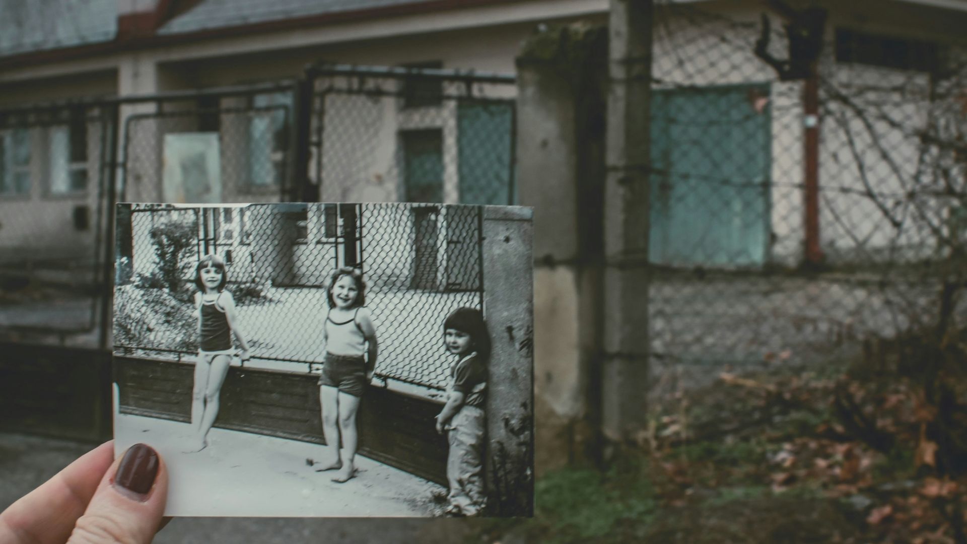 person holding photo of three girls near chainlink fence