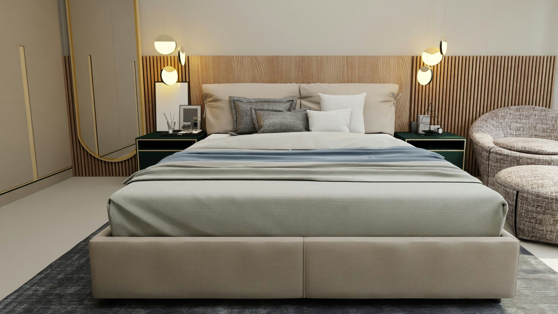 a large bed sitting in a bedroom next to a chair
