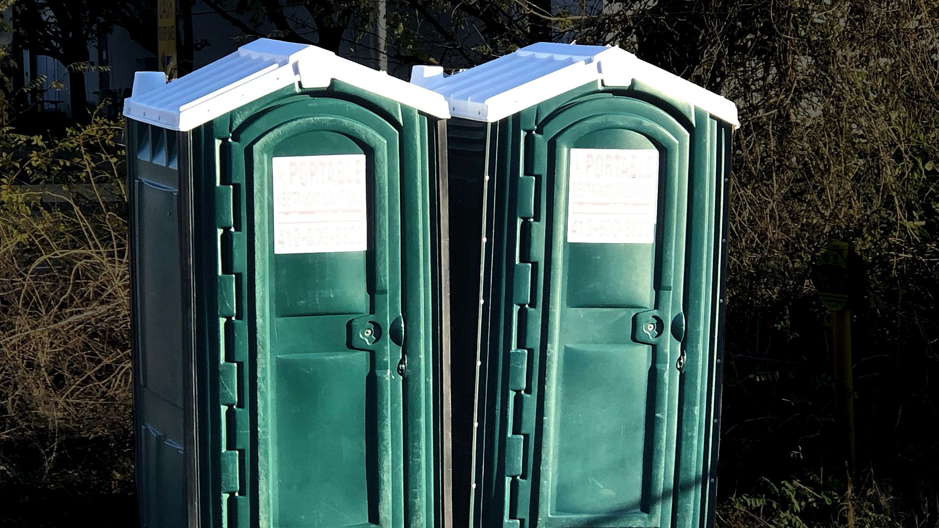 a couple of green portable toilets sitting next to each other