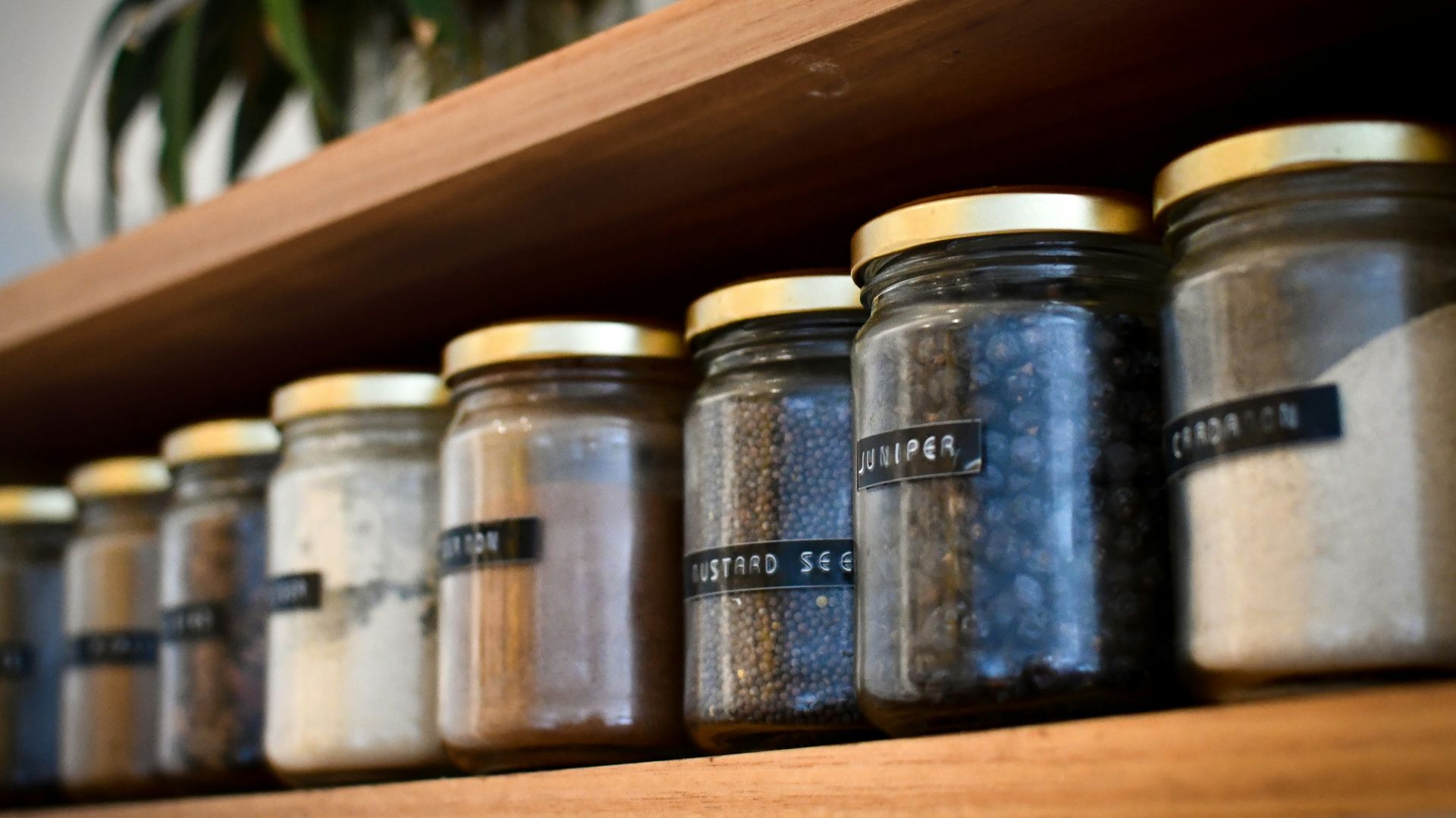 a shelf filled with lots of different types of spices