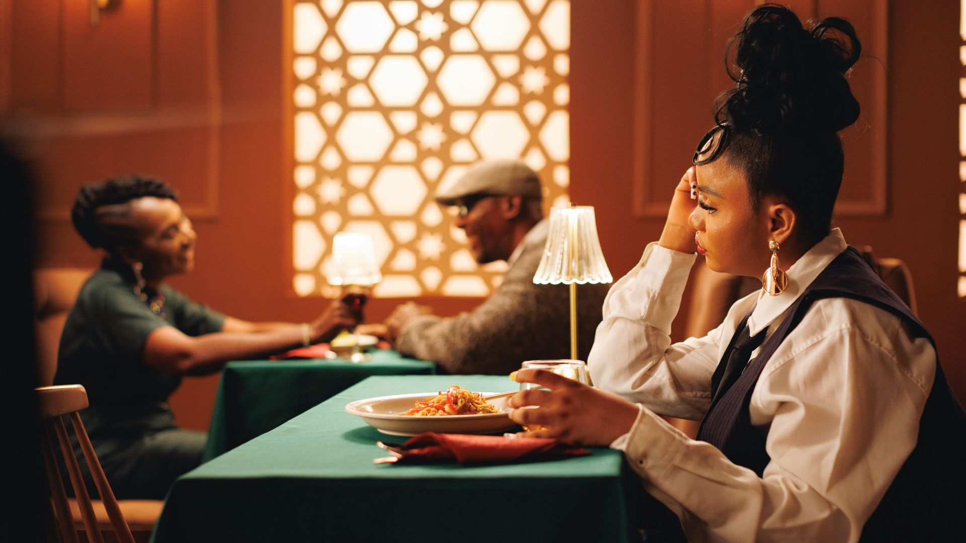 People enjoying a meal at a restaurant.
