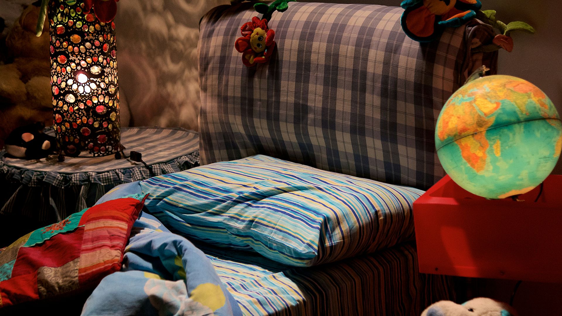 blue and white striped bedspread