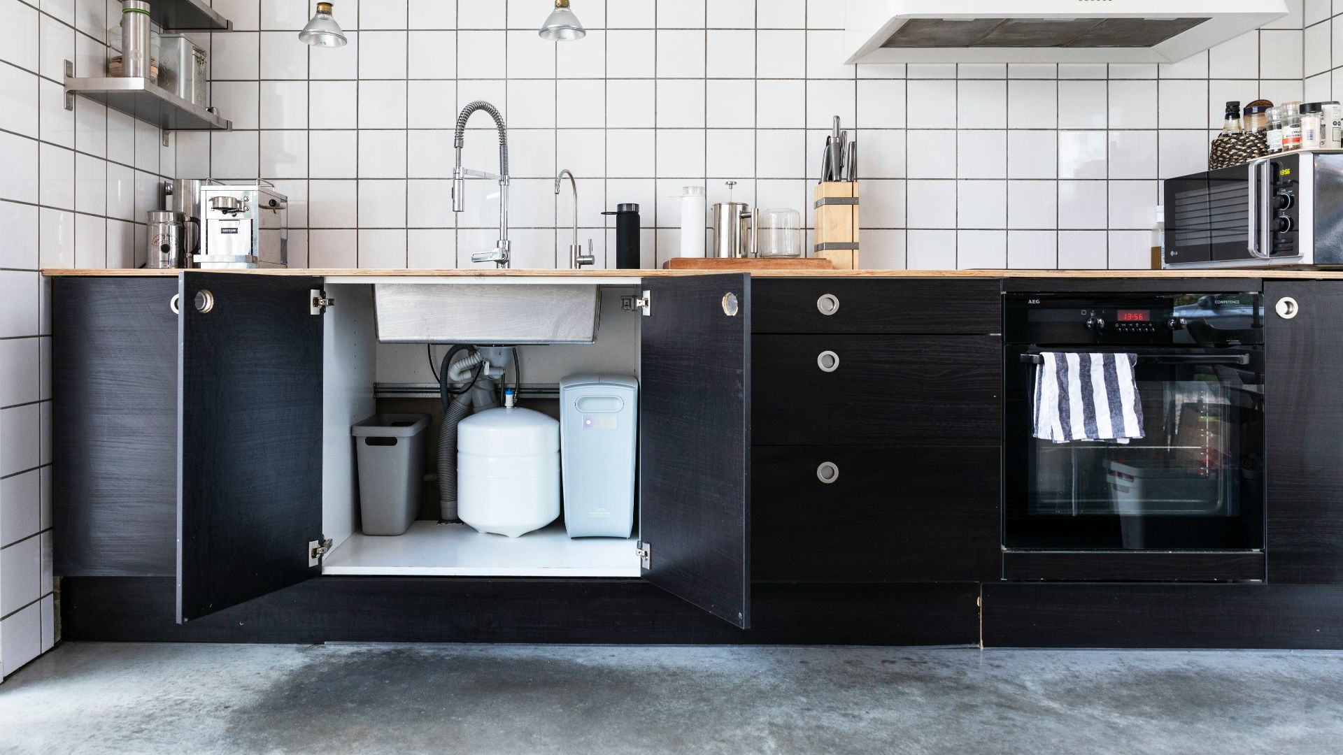 white and black kitchen cabinet
