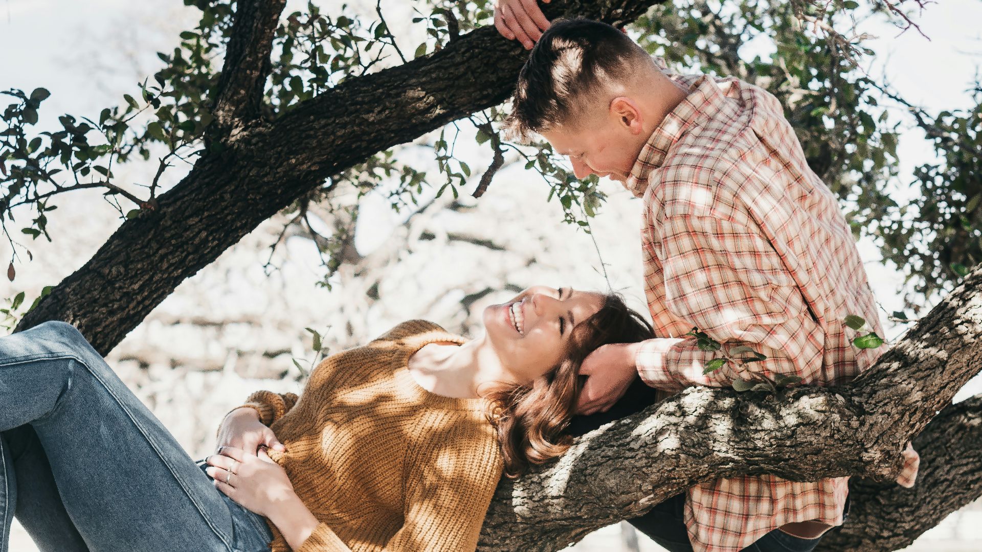 man in red and white plaid dress shirt carrying brown and white short coated dog