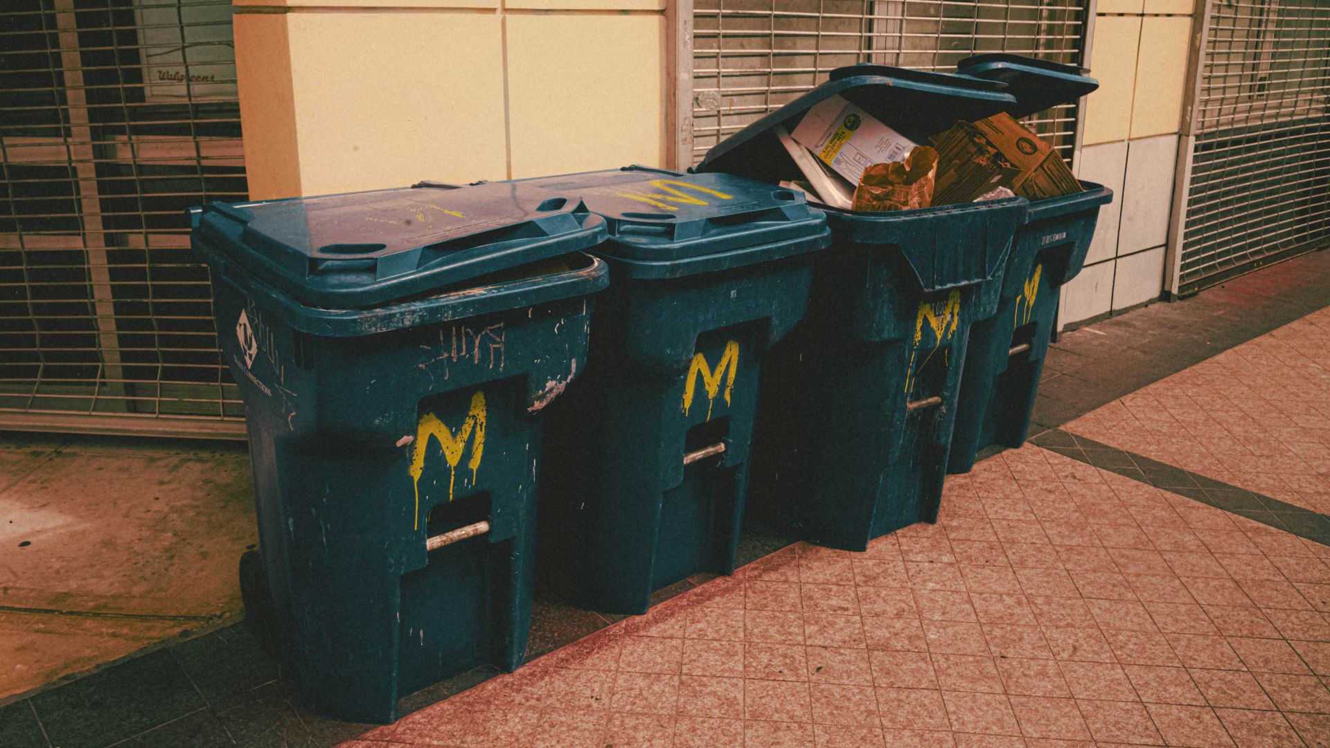 a couple of trash cans sitting on the side of a road