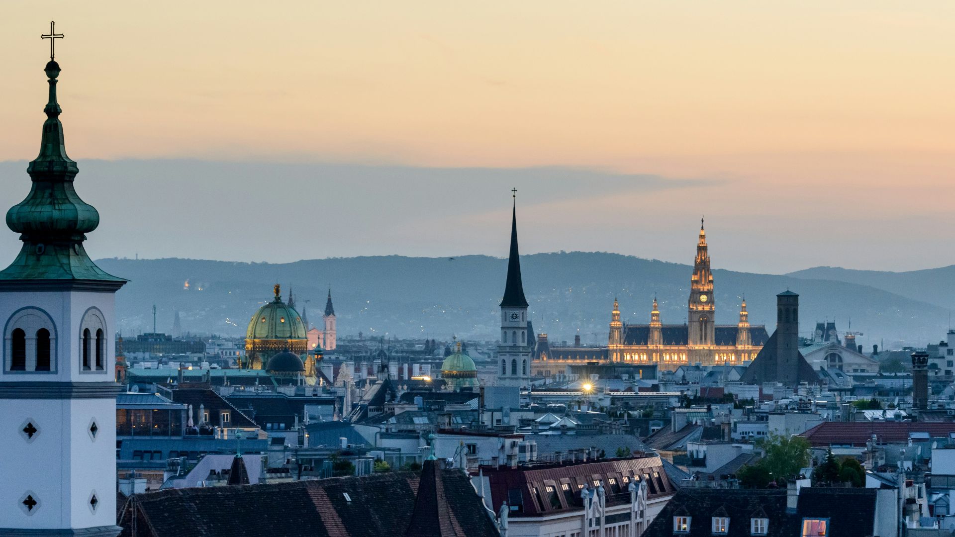 aerial view of a city during sunset