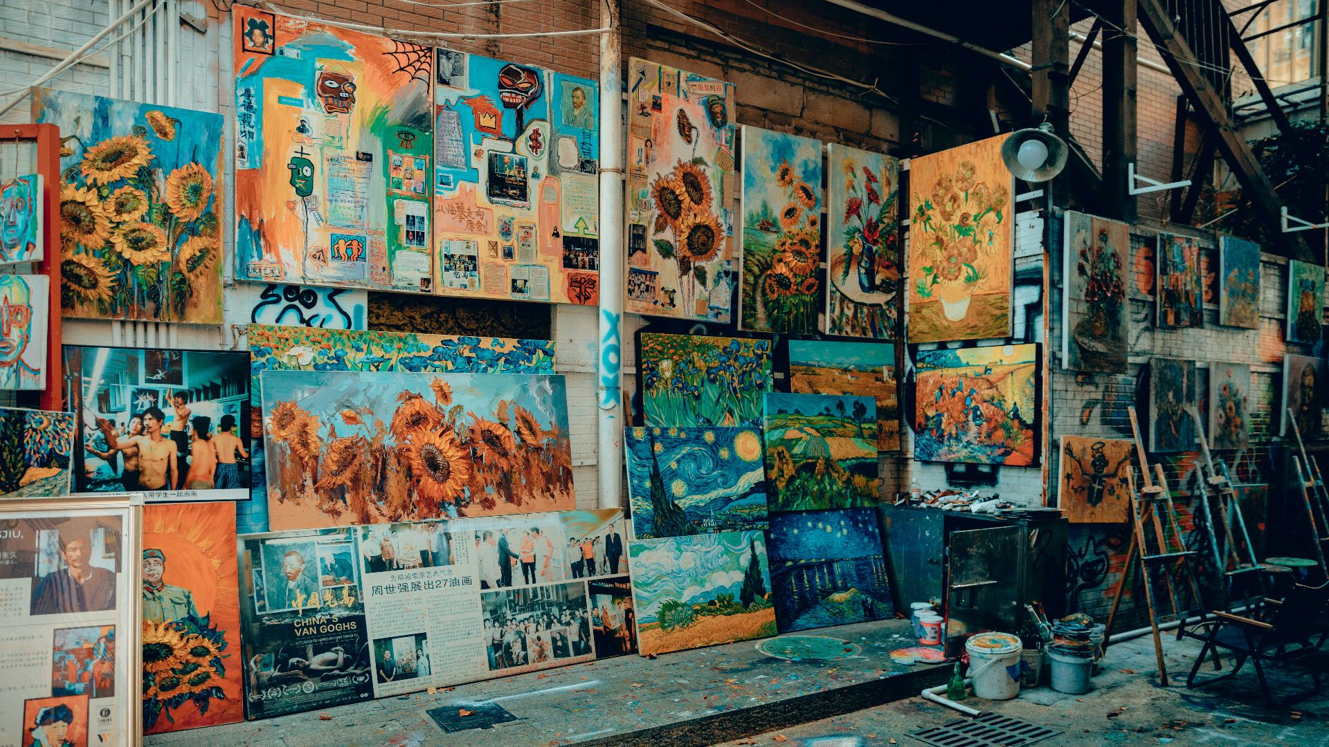 a bunch of paintings that are on a wall