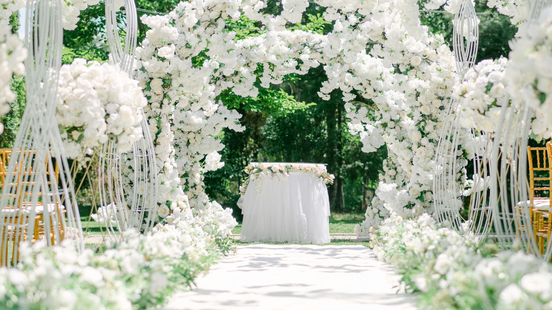 a courtyard with white flowers