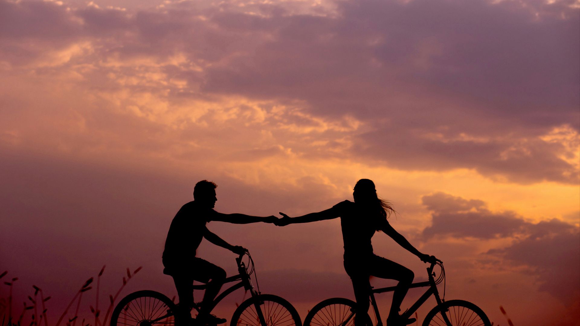 woman on bike reaching for man's hand behind her also on bike