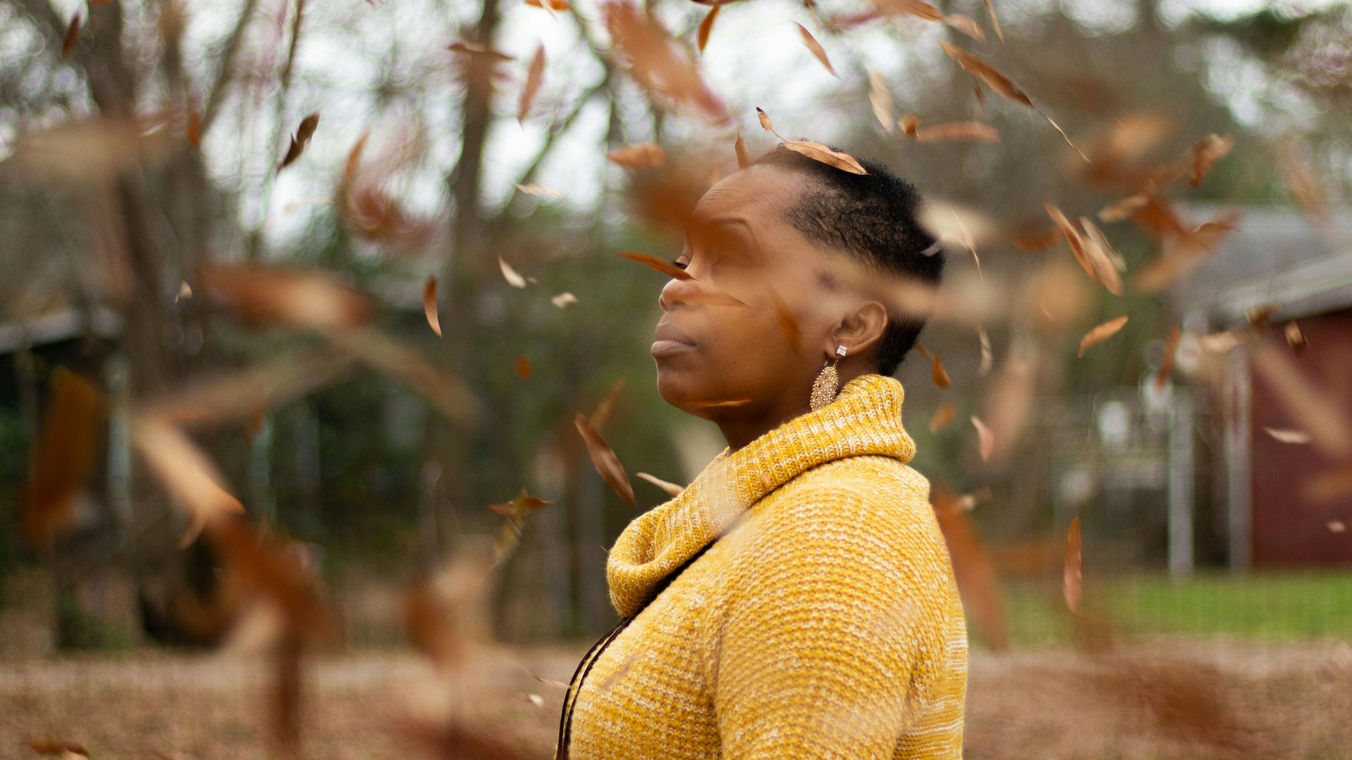 woman in yellow knit sweater standing near brown trees during daytime