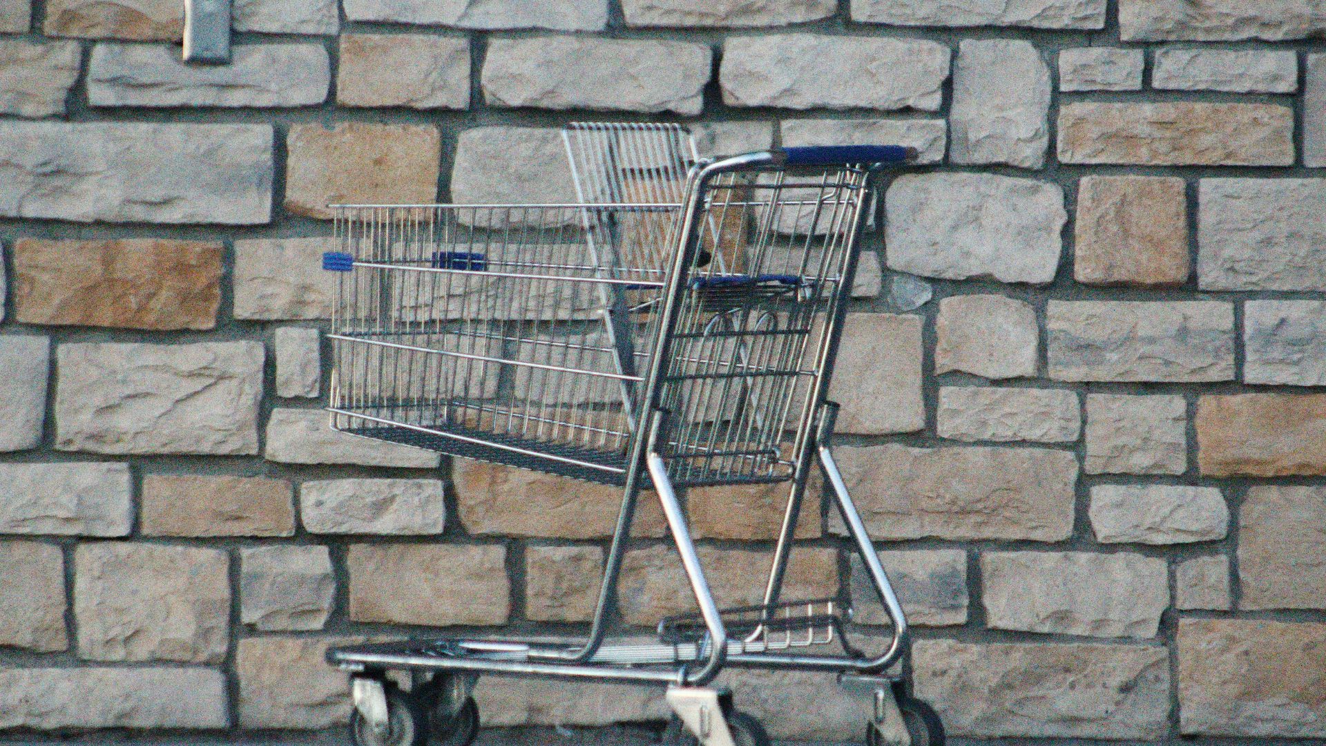 gray shopping cart on gray brick wall