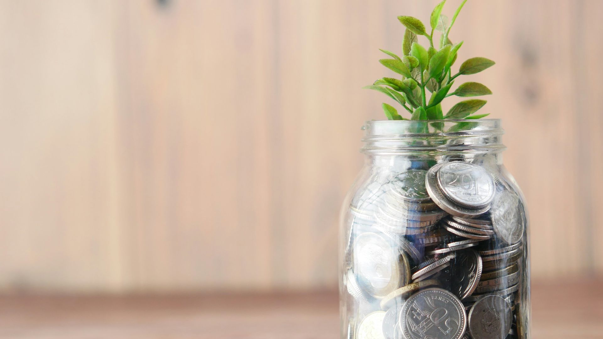 a glass jar filled with coins and a plant