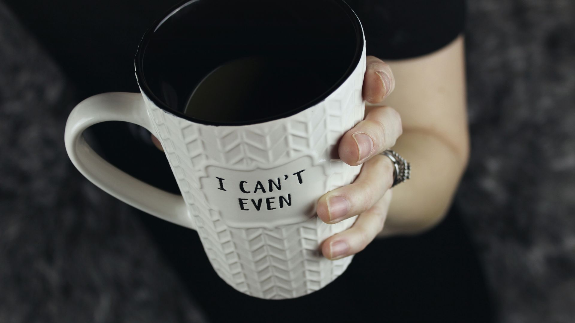 white and black I Can't Even ceramic mug