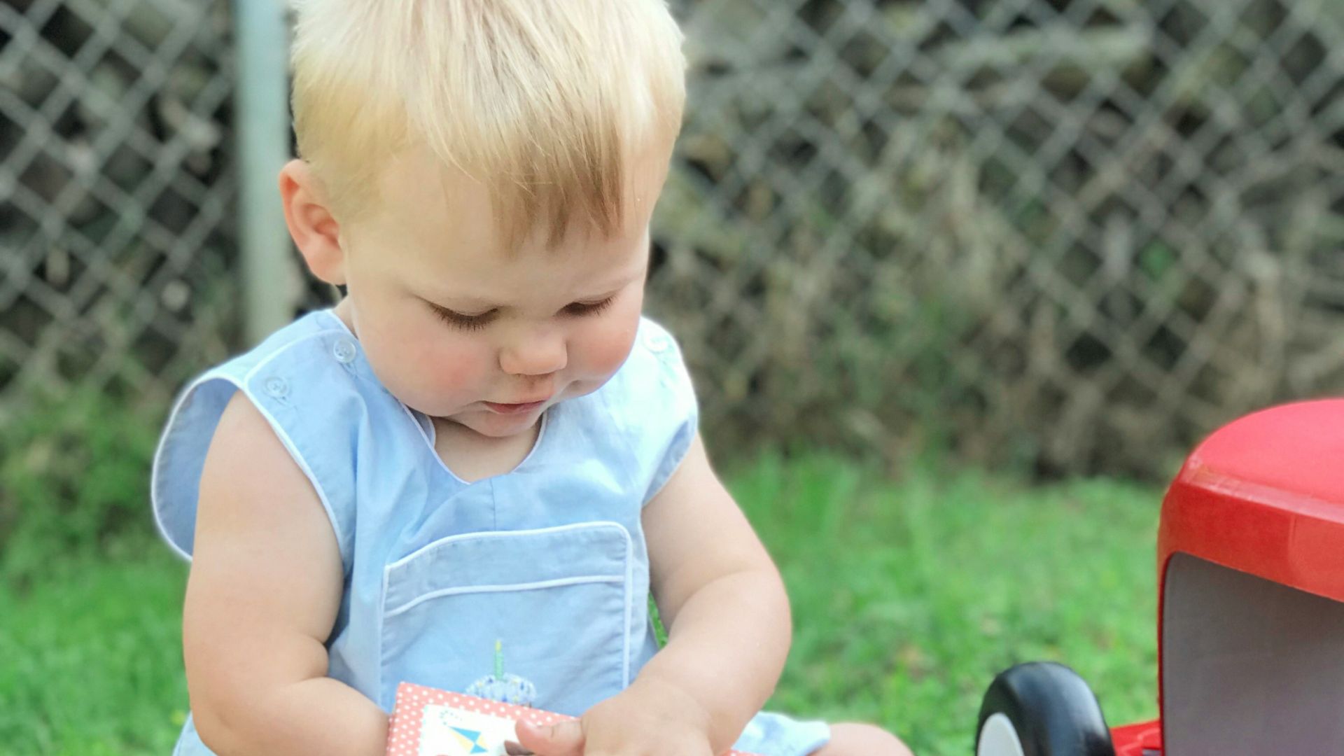 toddler sitting on grass during day