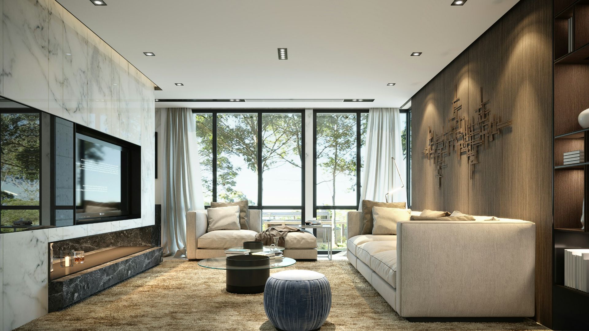 Modern living room with large windows and comfortable seating
