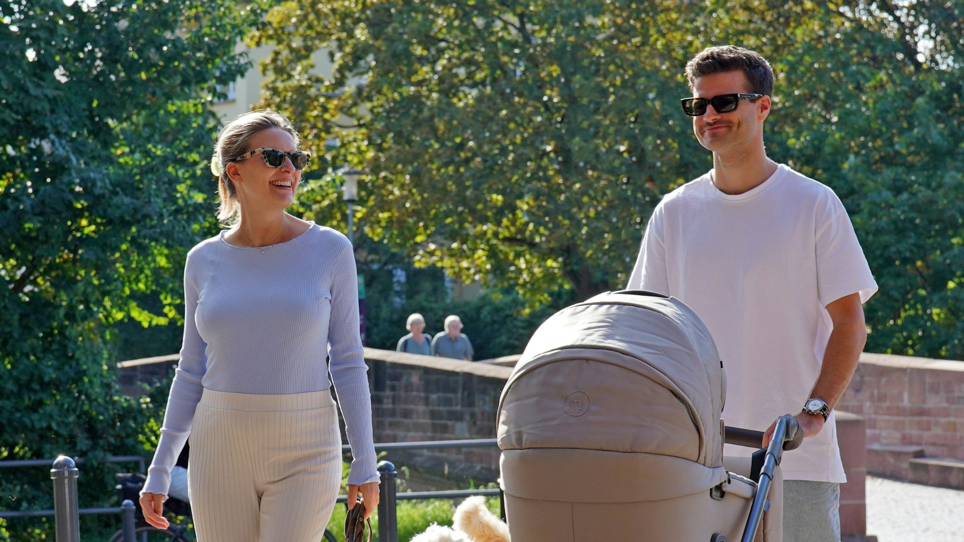 a man and woman walking with a dog in a stroller