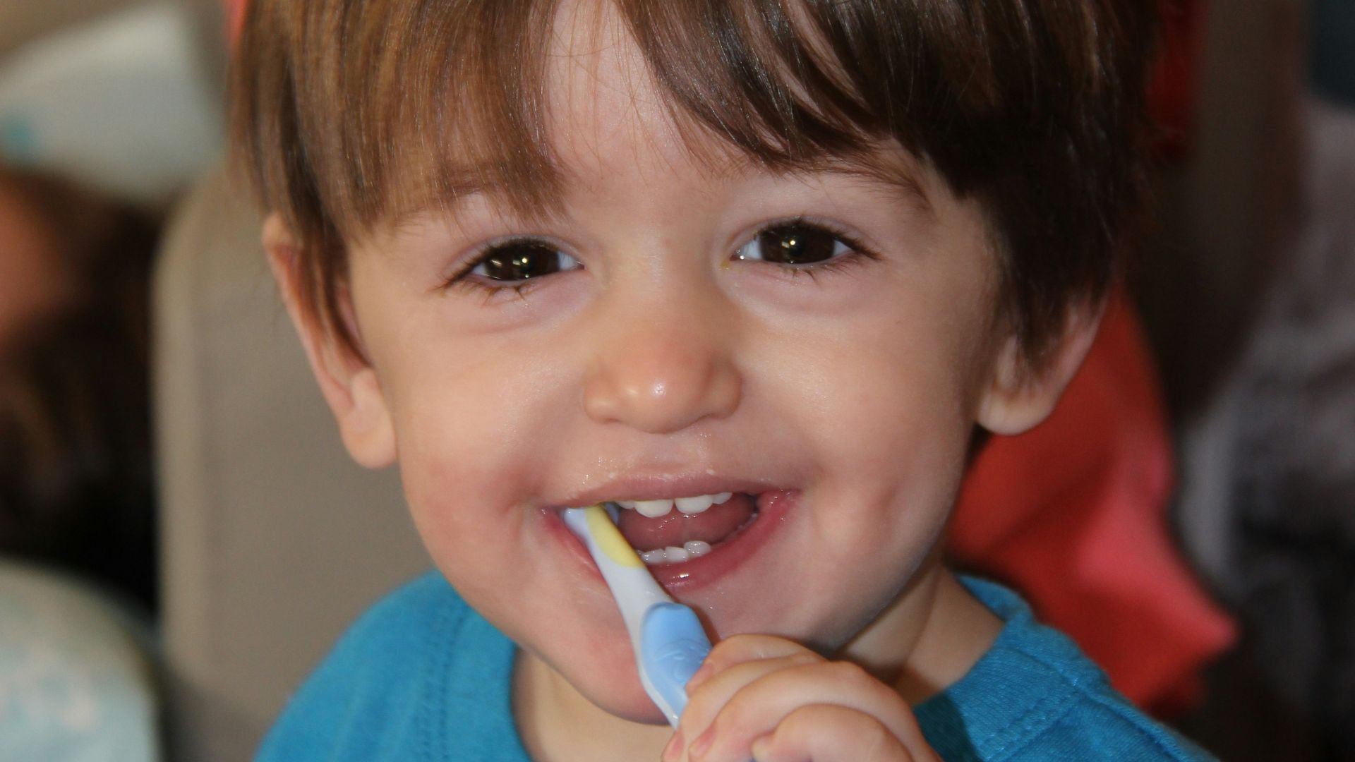 boy in blue crew neck shirt holding blue and white plastic toy