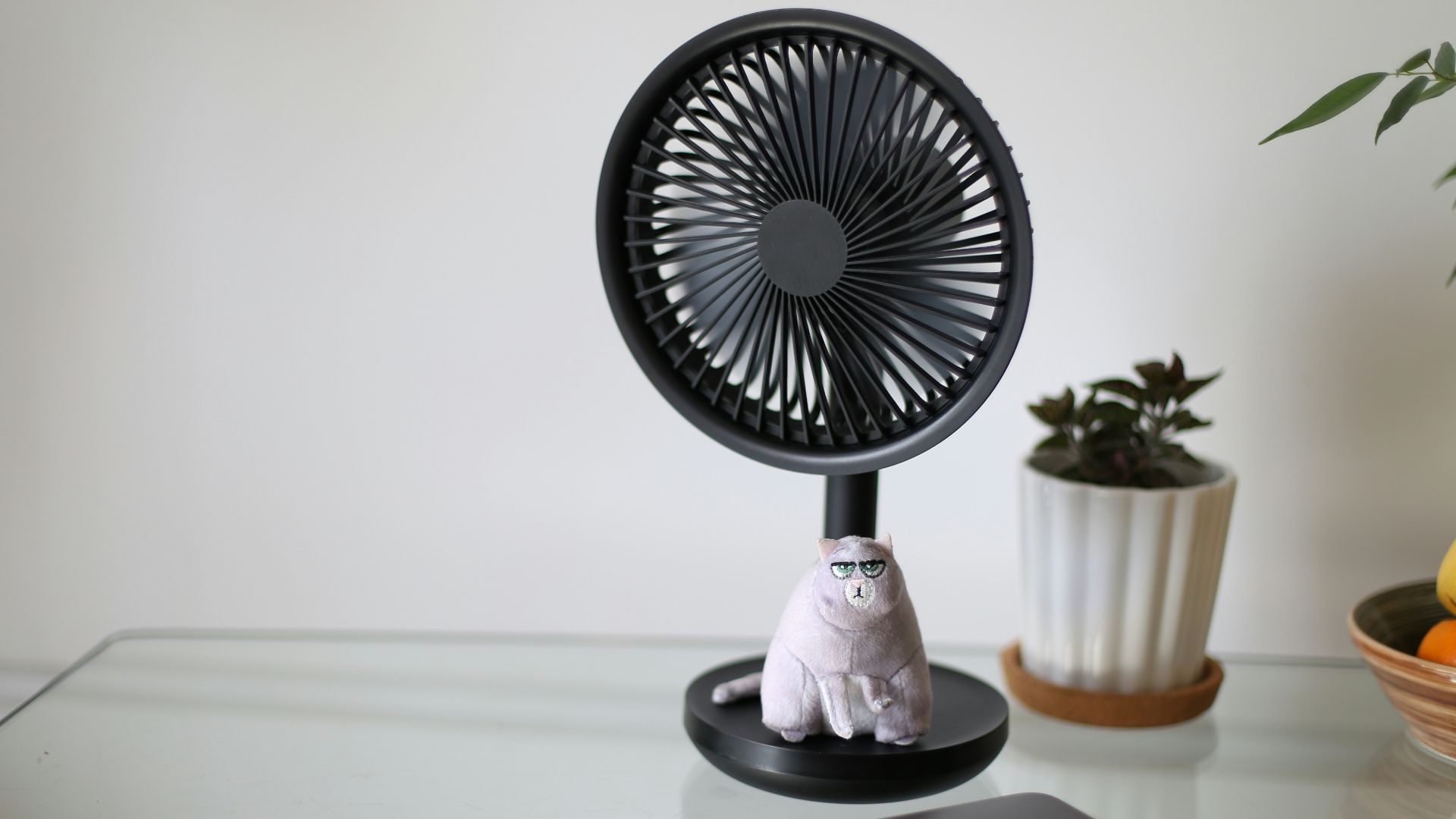 white and black desk fan