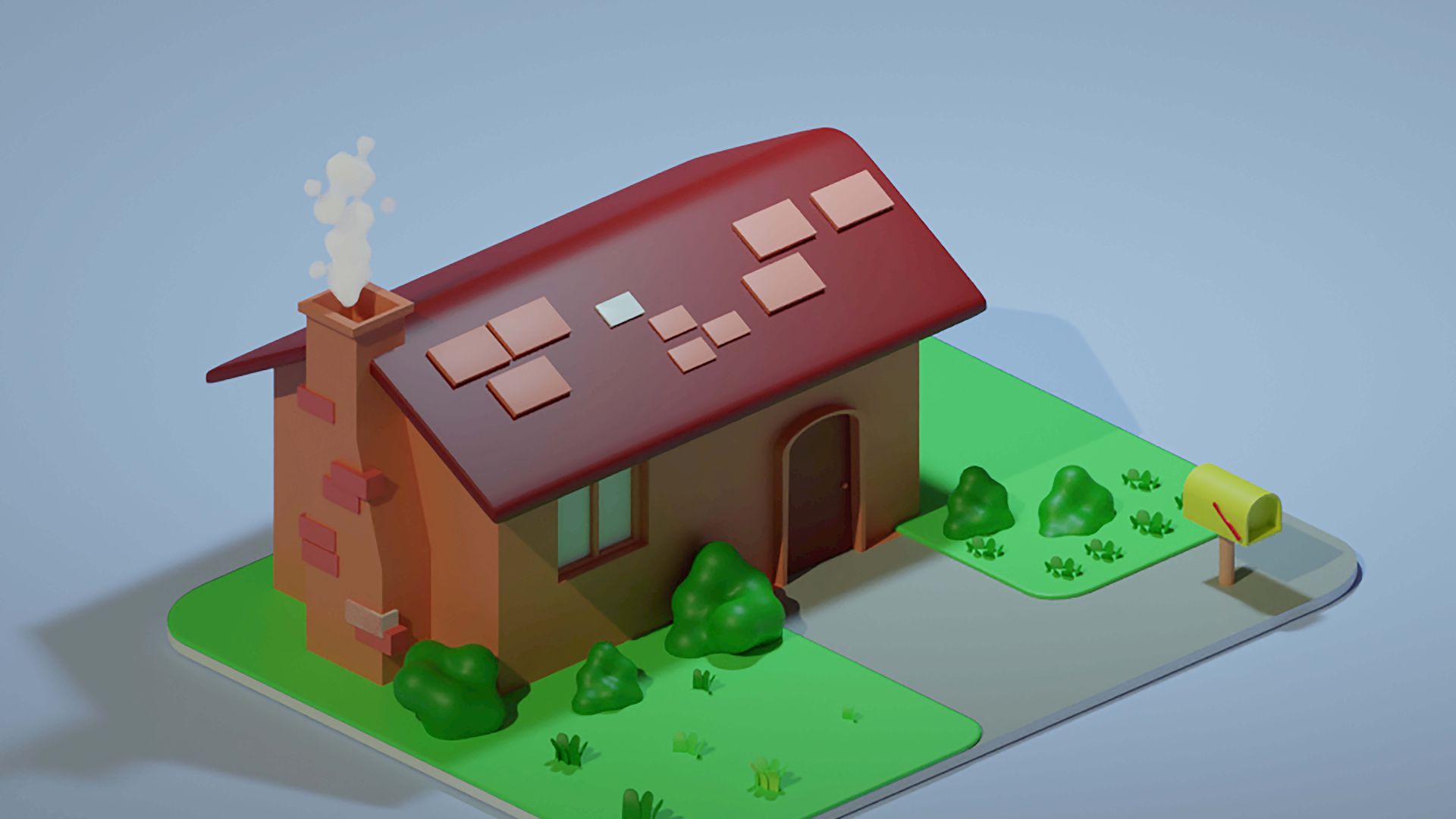 a low poly house with a red roof