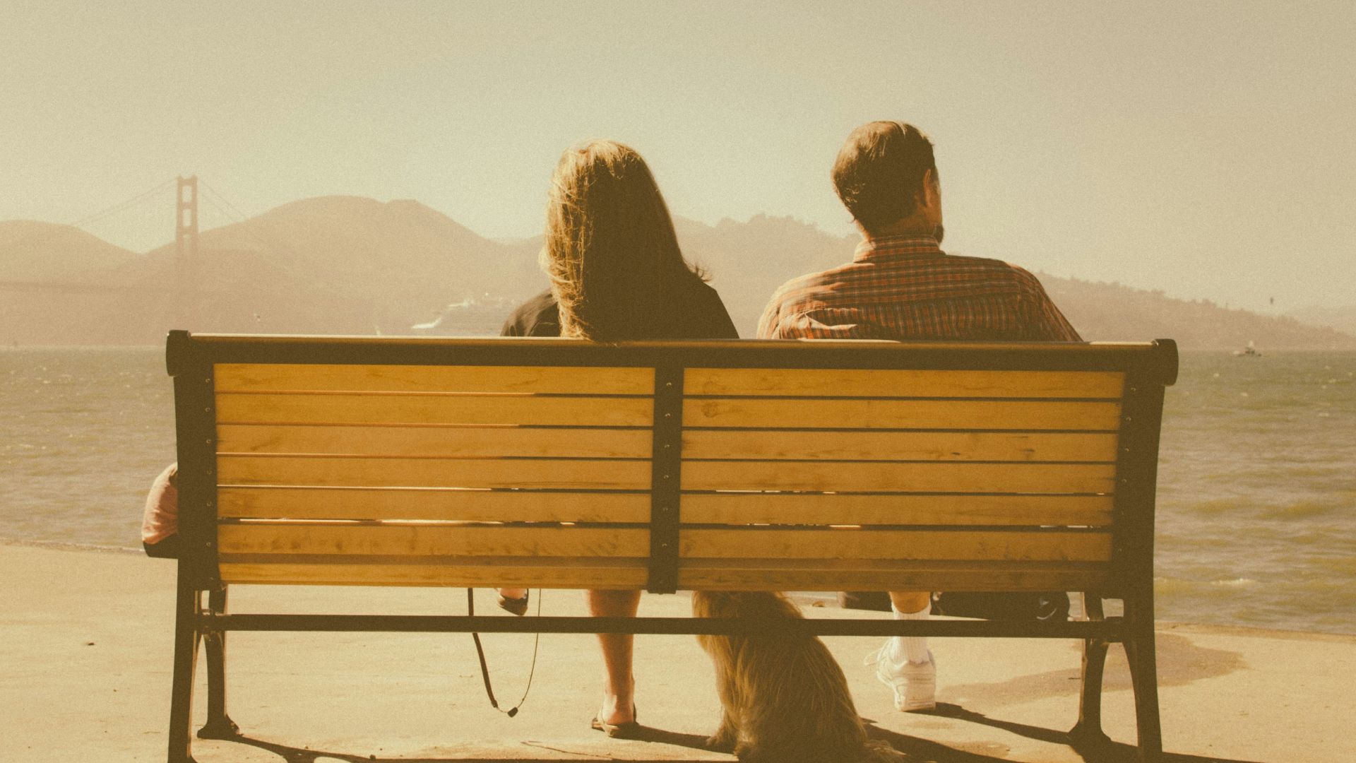 man and woman sitting on bench beside body of water