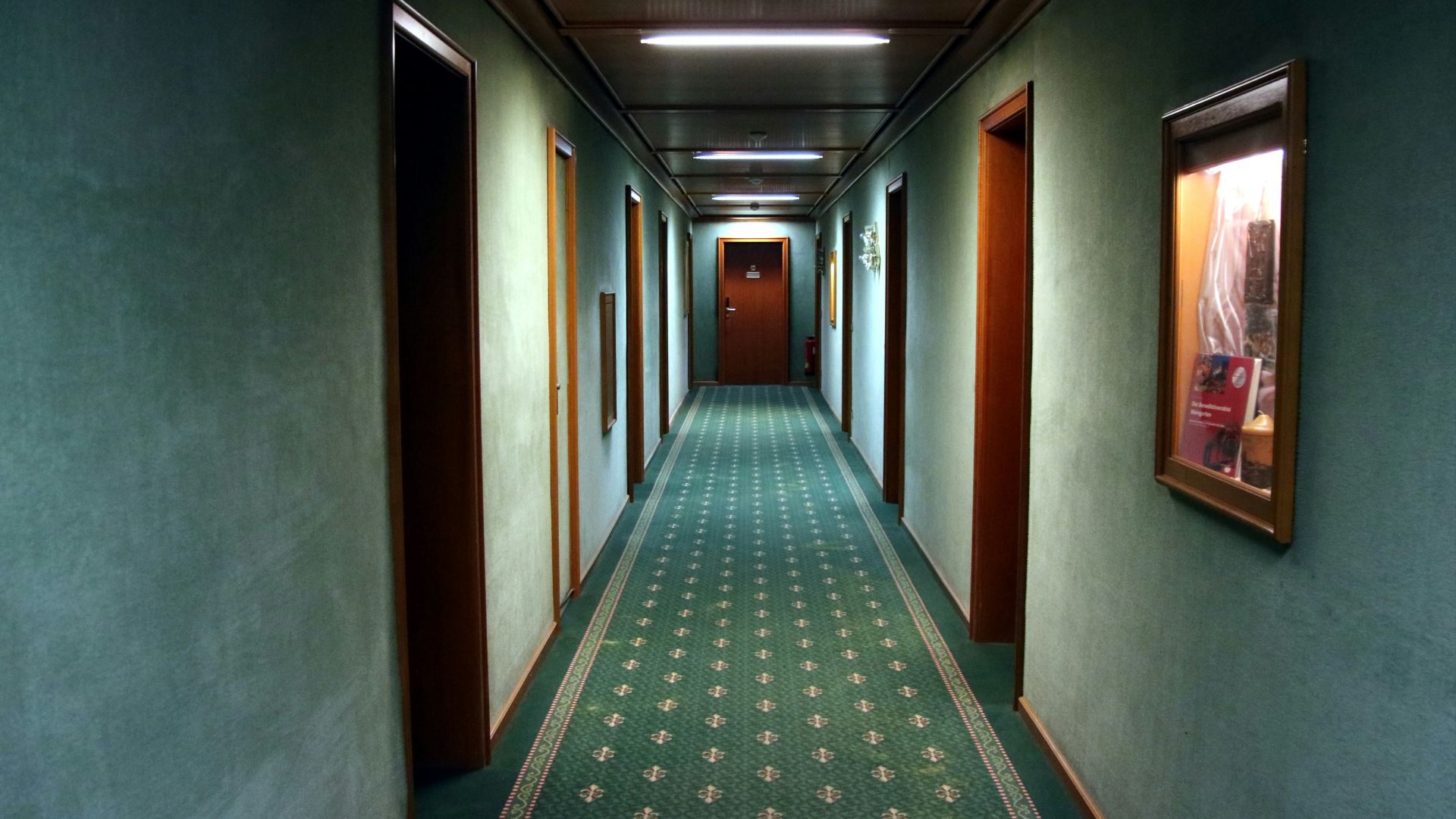empty hallway with green runner rug