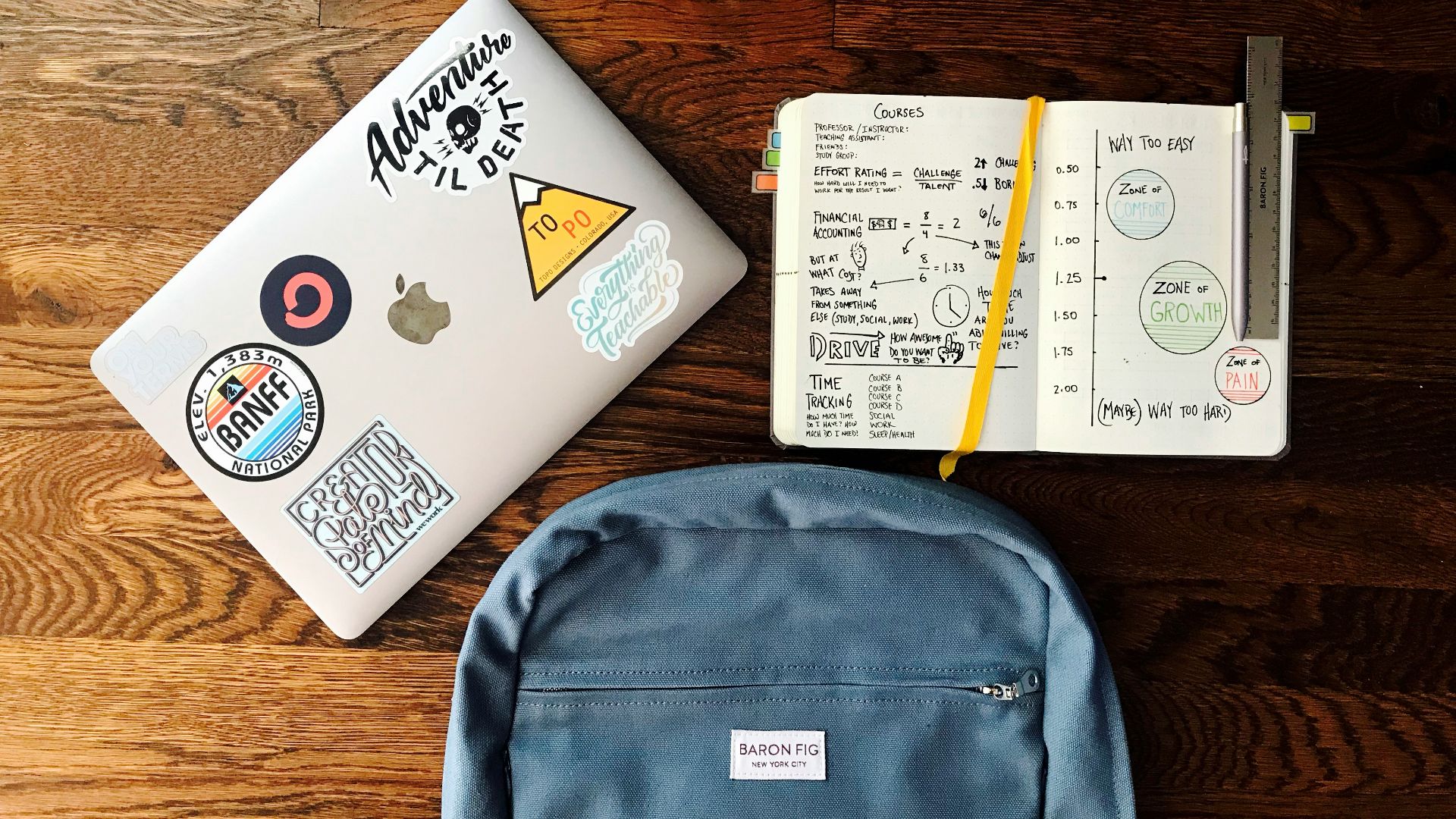 flat lay photography of blue backpack beside book and silver MacBook