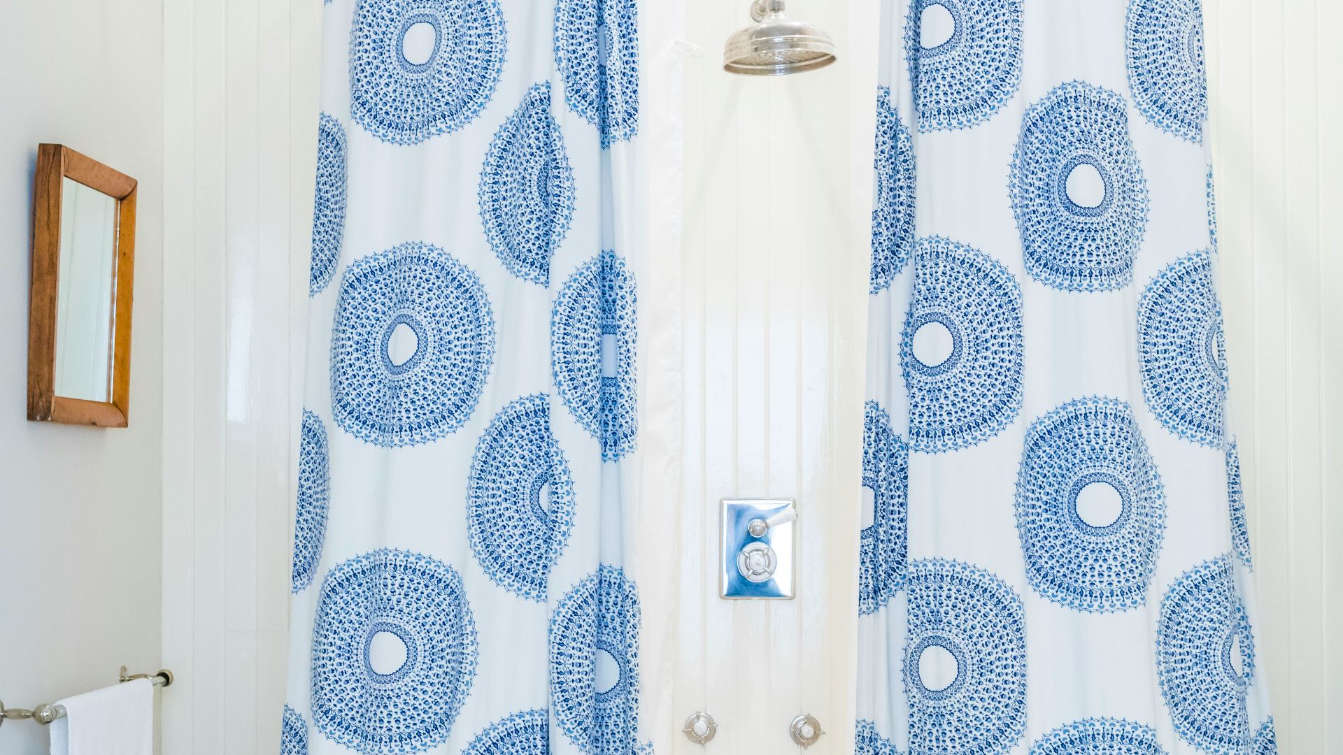 white and blue shower curtain