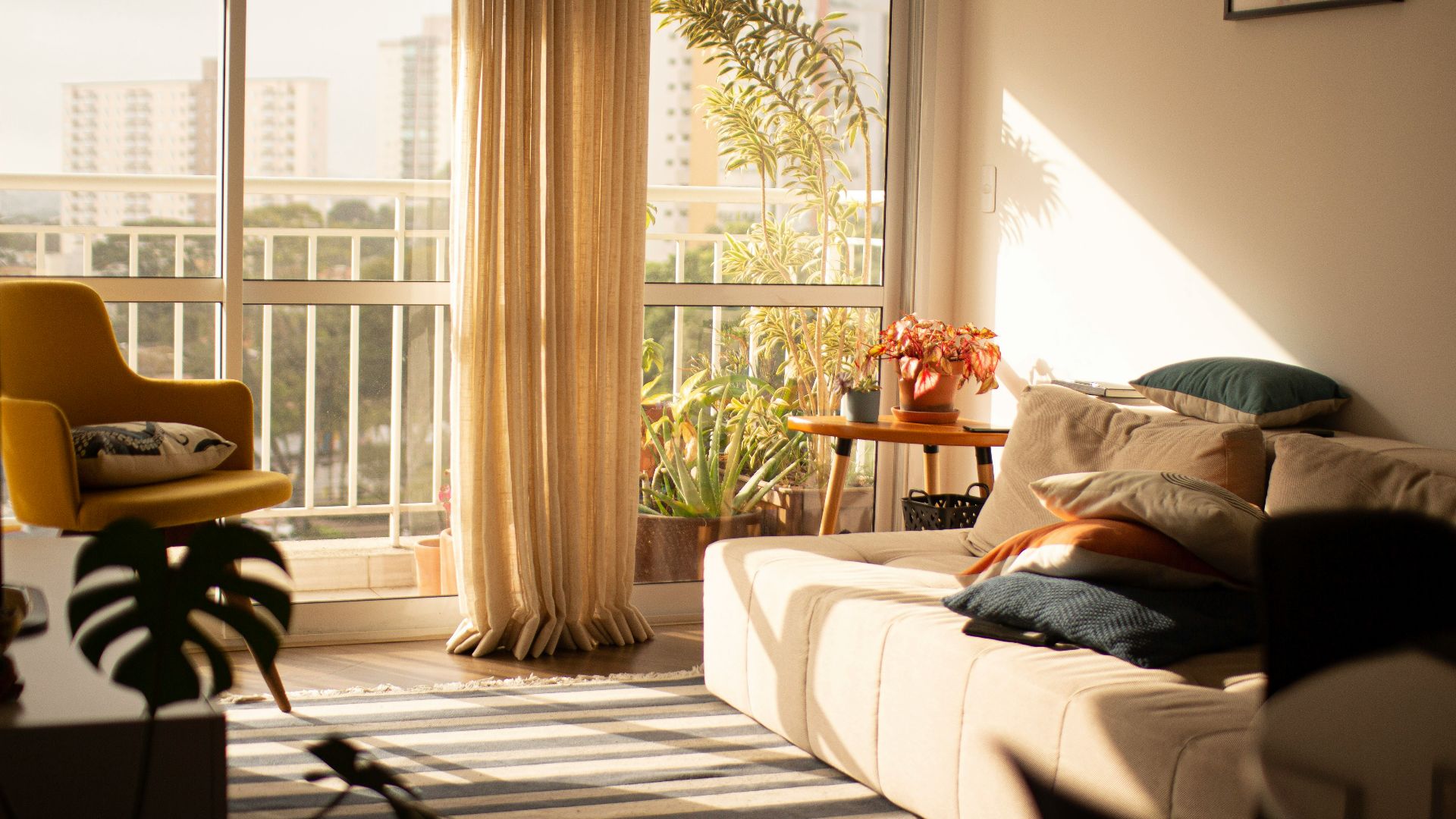 a living room with a large window