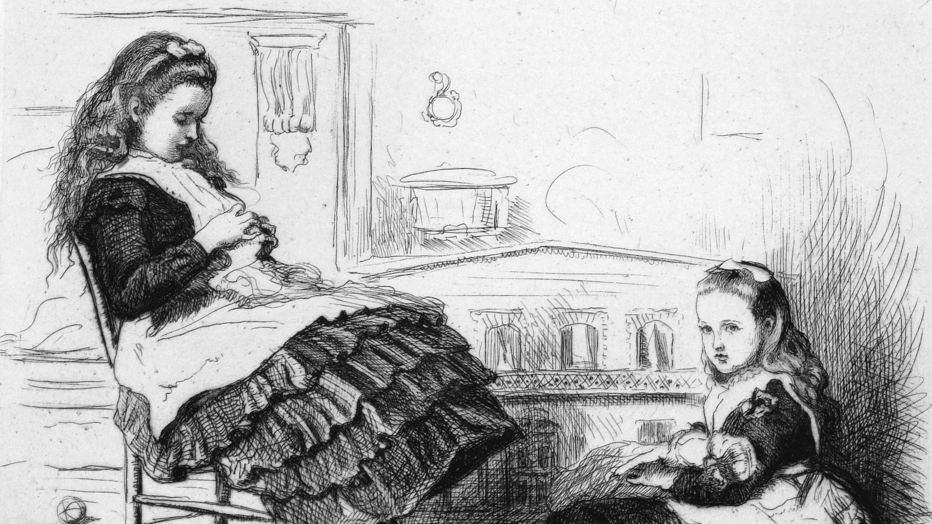 a drawing of two women sitting in a chair